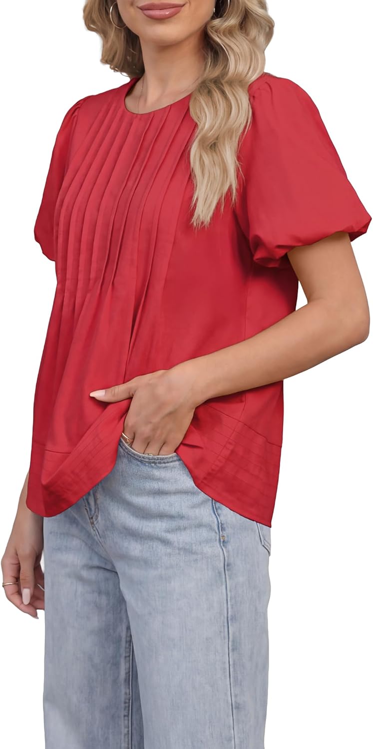 Funlingo Womens Puff Sleeve Babydoll Tops Summer Crew Neck Pleated Blouses Casual Loose Fit Flowy Swing Shirts - Image 4