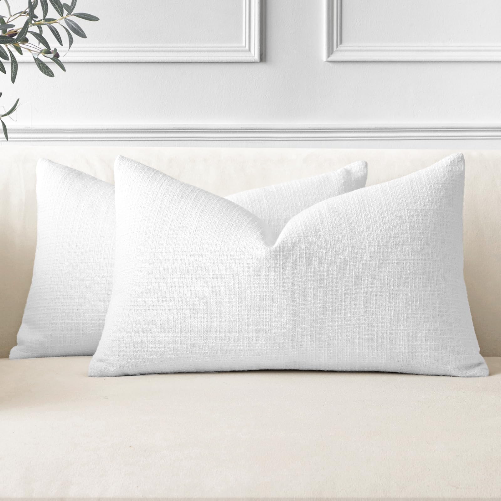 JOTOM Set of 2 Cushion Covers 40x60 cm Linen White Decorative Throw Pillow Covers 16x24 Inch Lumbar Cushion Case Home Decor Pillowcases for Couch Sofa Living Room Bed (White)