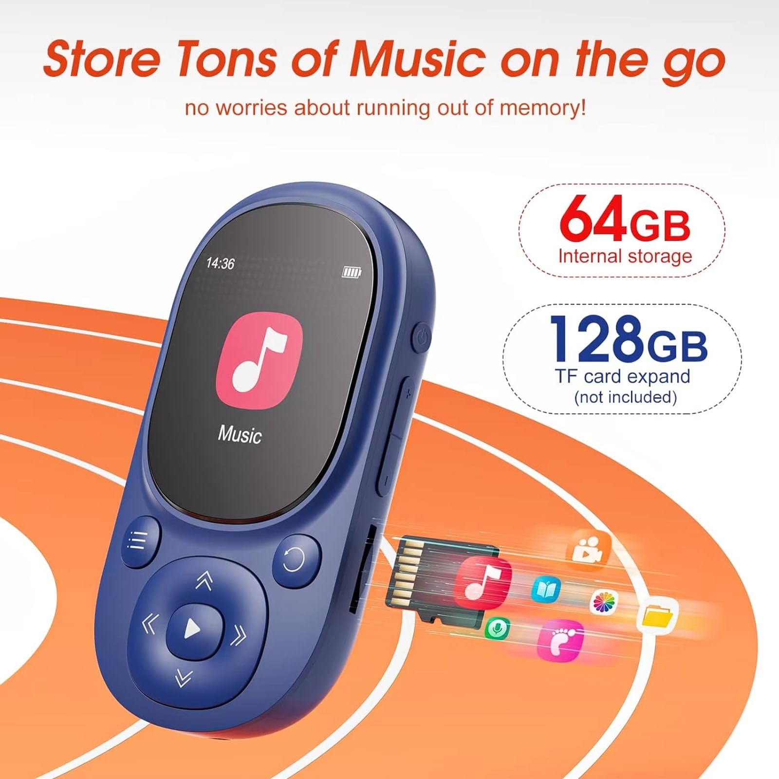 Reproductor MP3 Clip de 64 GB con Bluetooth, mini reproductor de música de alta fidelidad sin pérdidas | Pantalla de 1,5", ampliable a 128 GB, radio FM, eBook, podómetro | Ligero (96 g) | Running,64GB