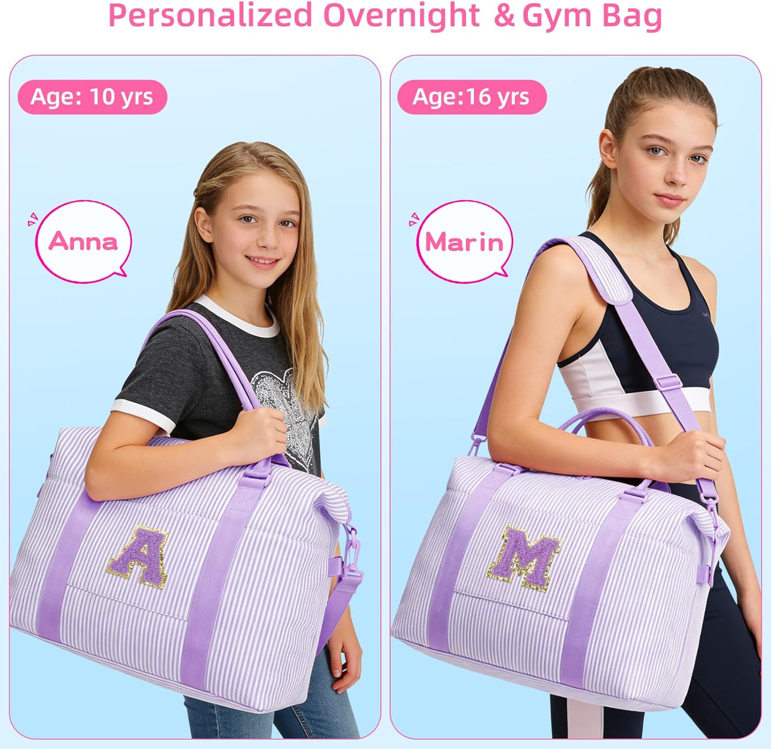 Birthday Gifts for Teen Girl, Personalized Dance Travel Duffel Bag for Girls Women, Cute Initial Overnight Weekender Gym Bag with Makeup Pouch（Purple,A)
