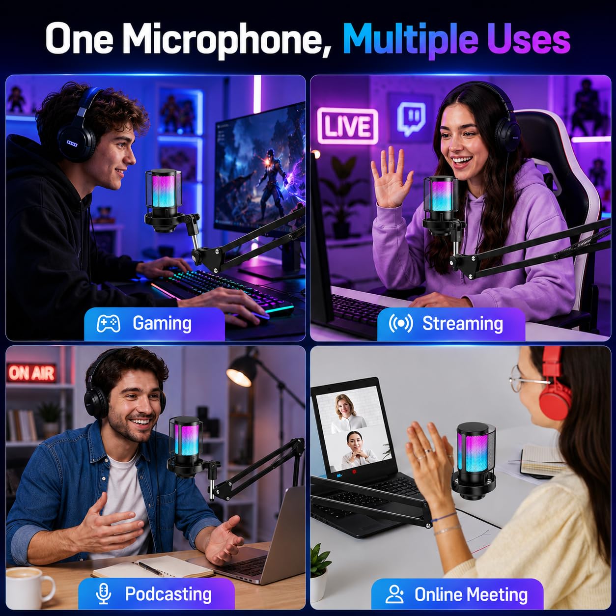 Anykuu Mikrofon USB do gier Plug&Play, mikrofon kondensatorowy do komputera PC do gier, streamingu, podcastingu, wideokonferencji z adapterem USB-C i 1,5 m kablem danych dla PC/laptopa, PS4/PS5, IOS