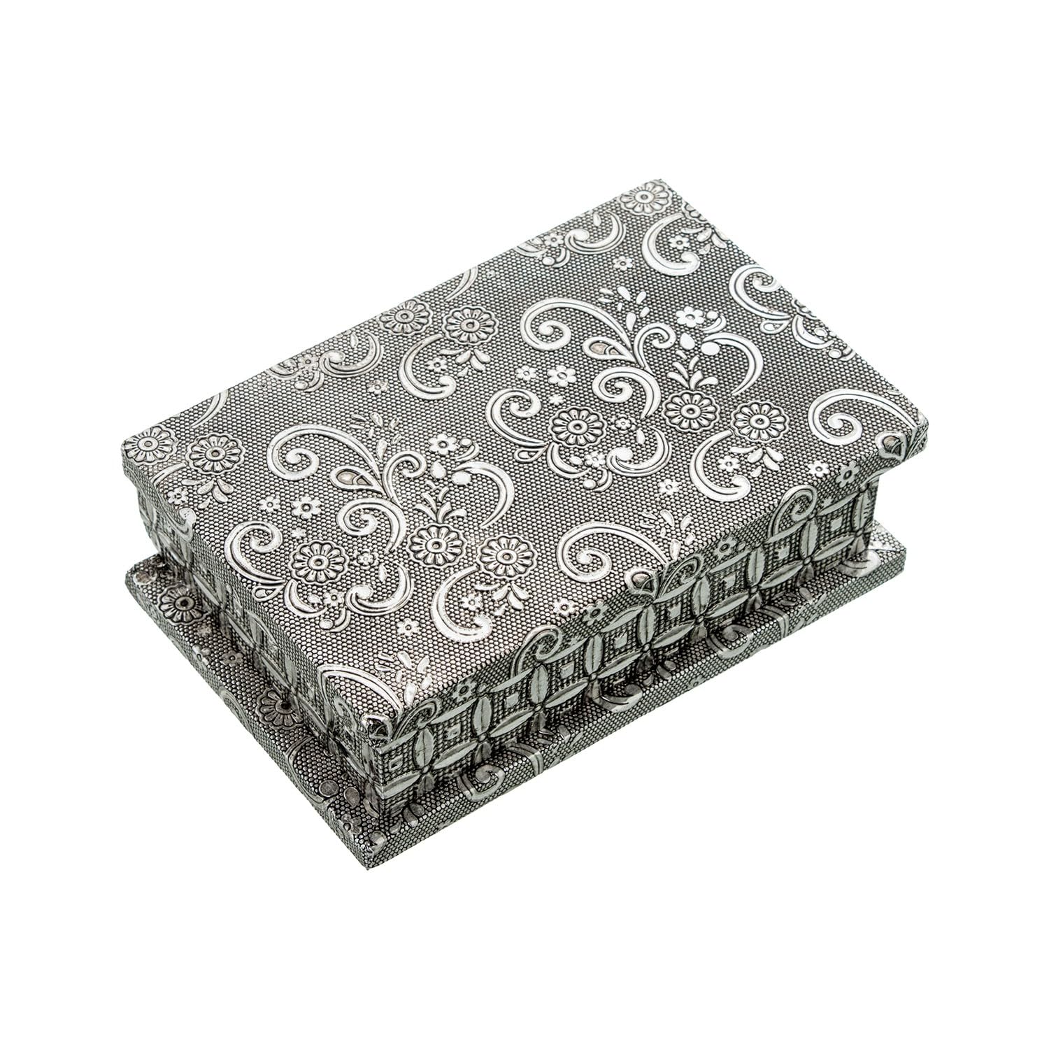 Boîte à bijoux en métal argent décoration arabesques 15x10cm