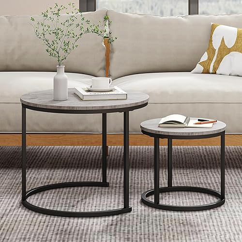 Miniatura 10 de HOJINLINERO Juego de 2 mesas auxiliares redondas anidables para sala de estar, mesa auxiliar gris con marco de metal, mesas auxiliares apilables,