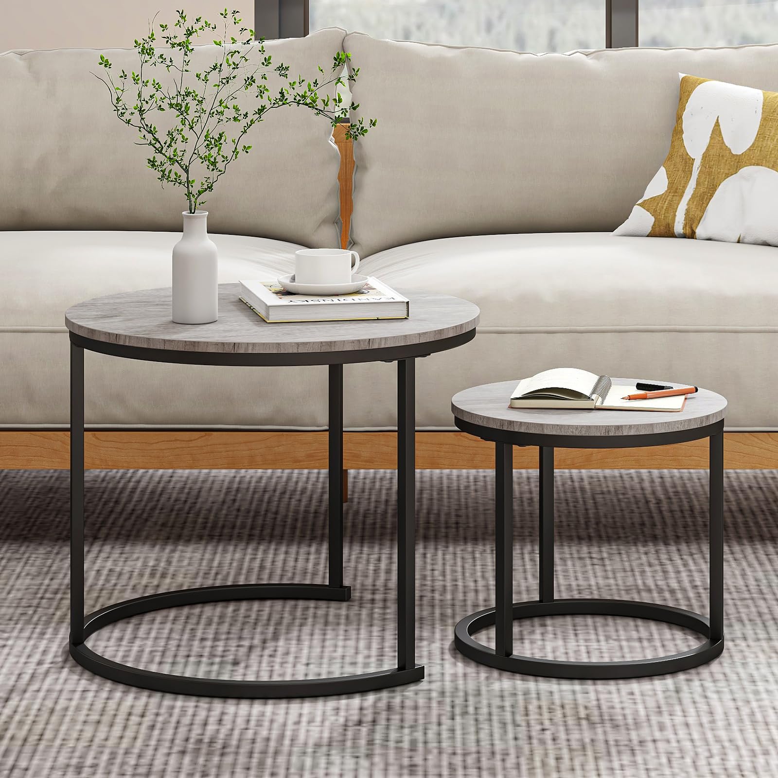 HOJINLINERO Small Round Nesting Coffee Table Set of 2 with Metal Frame and Wood Top, Modern Stacking Side Table for Living Room, Bedroom, Office, Balcony, Grey — image 1