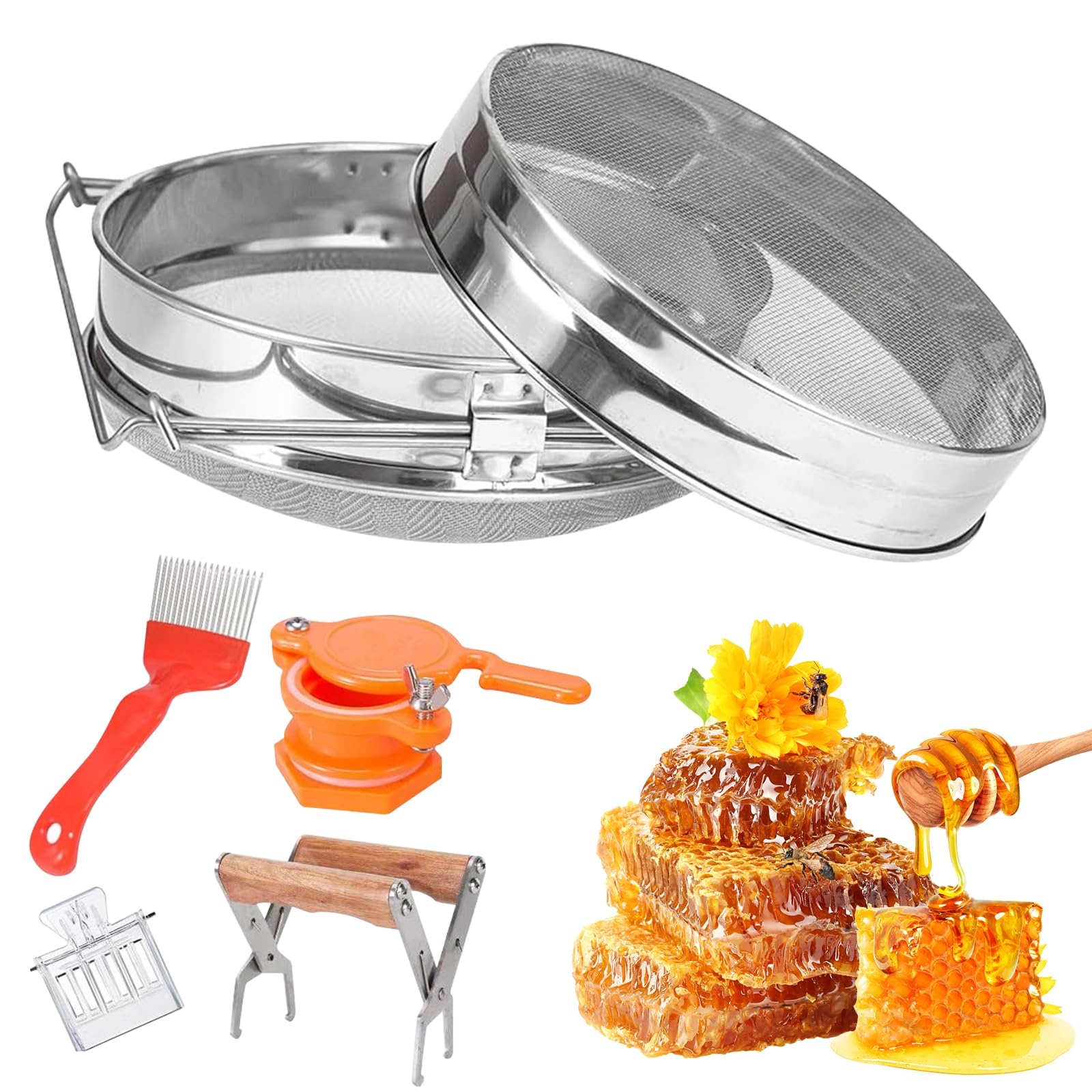 Tamis à miel en acier inoxydable, ensemble double tamis 5 pièces, accessoires pour apiculteur, équipement d'élevage d'abeilles, outil pour apiculteur, pince, fourchette pour décapsulage