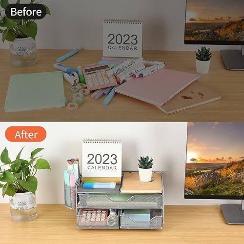 Miniatura 9 de gianotter Organizadores de escritorio y accesorios, organizador de escritorio de suministros de oficina con cajones y 2 soportes para bolígrafos,