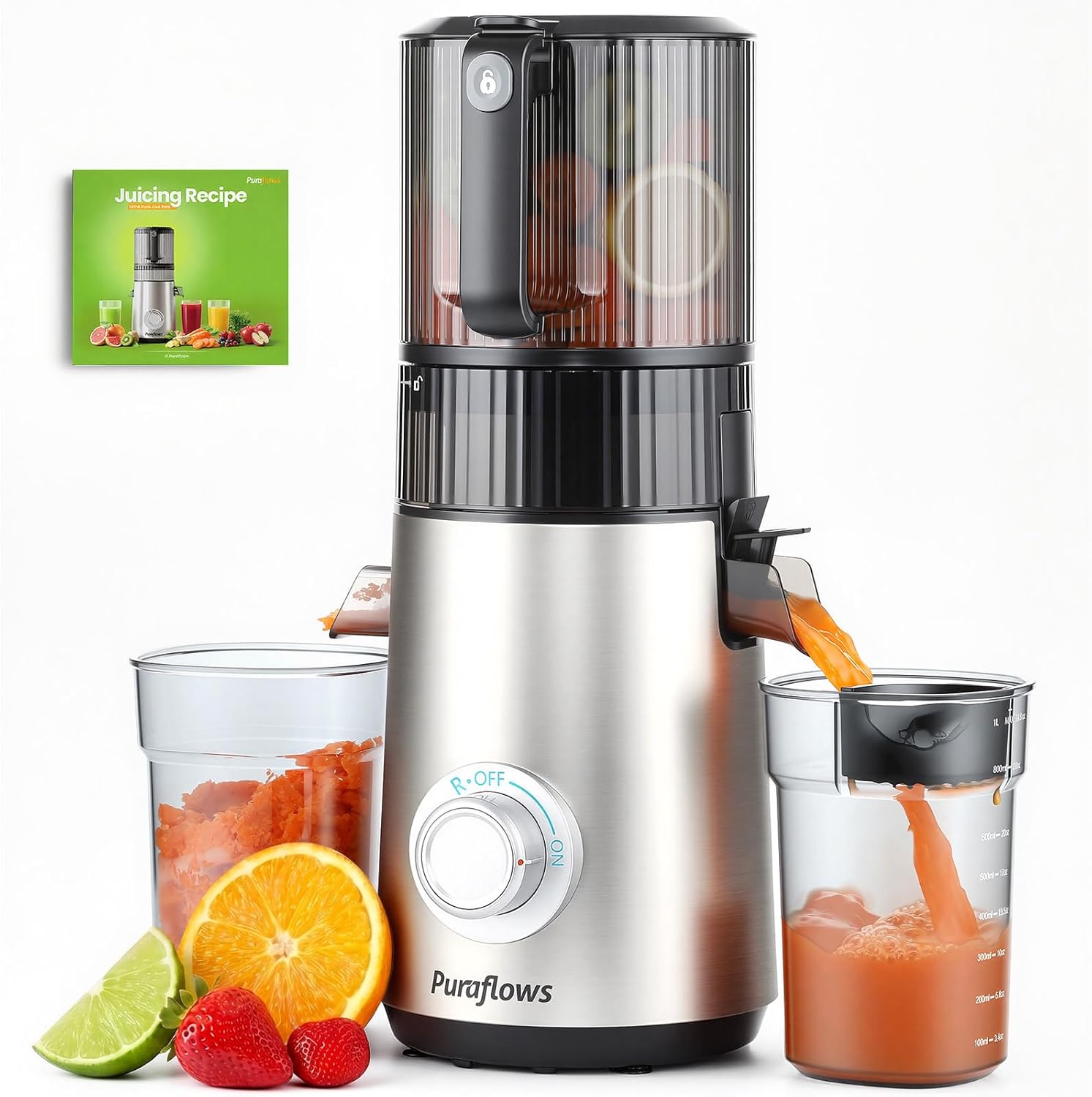 Auramist Cold Press Juicer Machine with 6’’ Large Feed Chute, 600W Slow Masticating Juicers for Vegetable & Fruit, Easy to Clean, Electric, Standard Filter, Silver