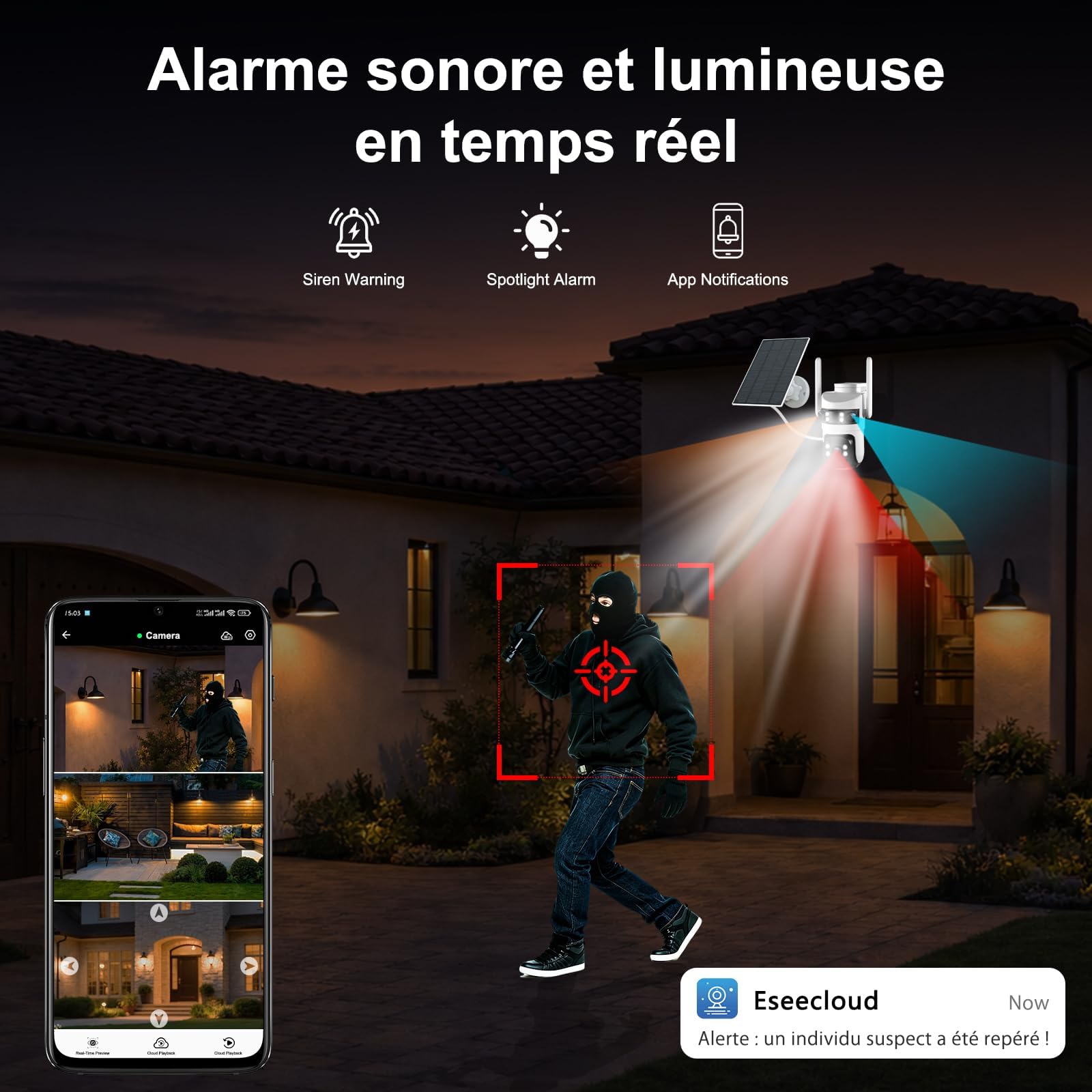 6K Telecamera Wi-Fi Esterno,Triple Obiettivo Telecamera WiFi Senza Fili con Pannello Solare,Videocamera Sorveglianza,Rilevamento Umano PIR,Visione Notturna a Colori,Audio Bidirezionale,2.4G/5GHz,IP66