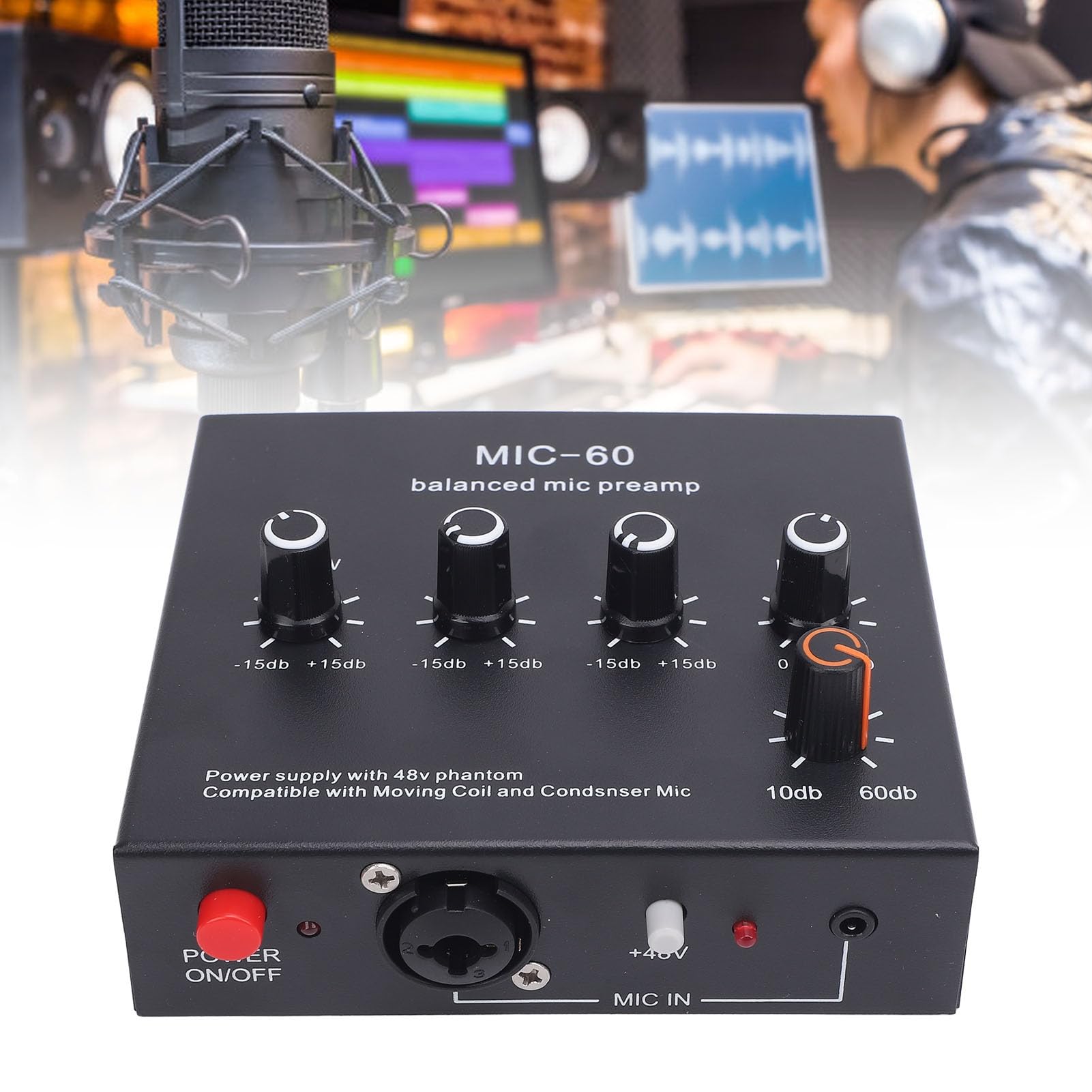 Preamplificador de micrófono XLR balanceado SustVita con ganancia de 10-60 dB, potencia de 48 V para micrófonos dinámicos y de condensador, un amplificador de ganancia de