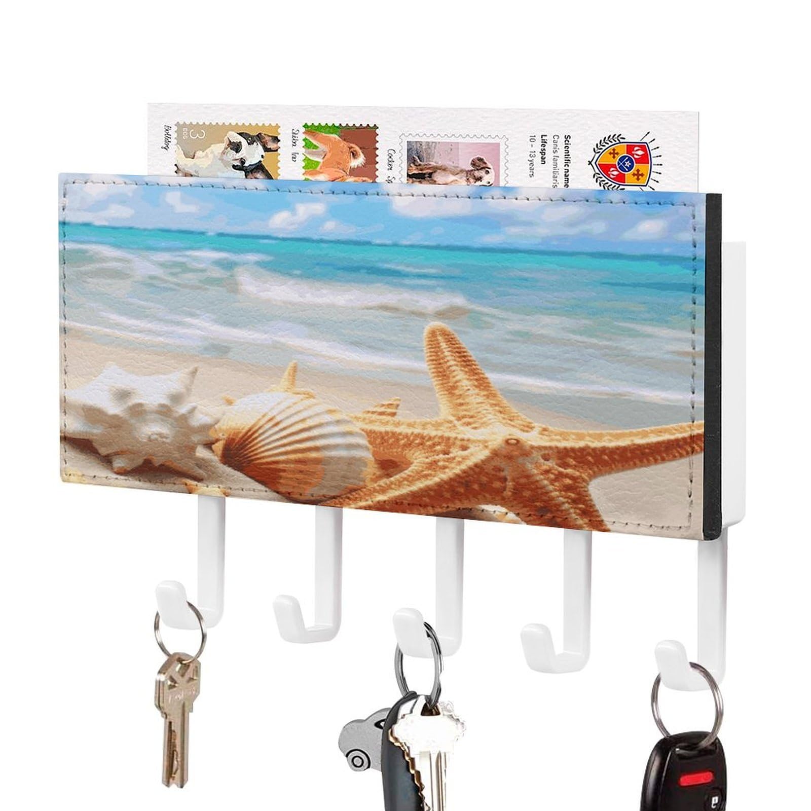 FekiLoot Starfish Seashell Ocean Beach Key Holder Wall Mount Key Hooks for Wall Decorative with 5 Hooks PU Mail Rack Organizer with Shelf for Entryway Mudroom Hallway Office 7.1X4.3 in