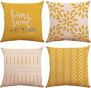 ELECDON Throw Pillow Cover, Modern Sofa Decorative Pillow Covers 18x18 Set of 4, Outdoor Linen Fabric Pillow Case for Couch Bed Car Home Sofa Couch Decoration 45x45cm (Yellow, 18x18, Set of 4)