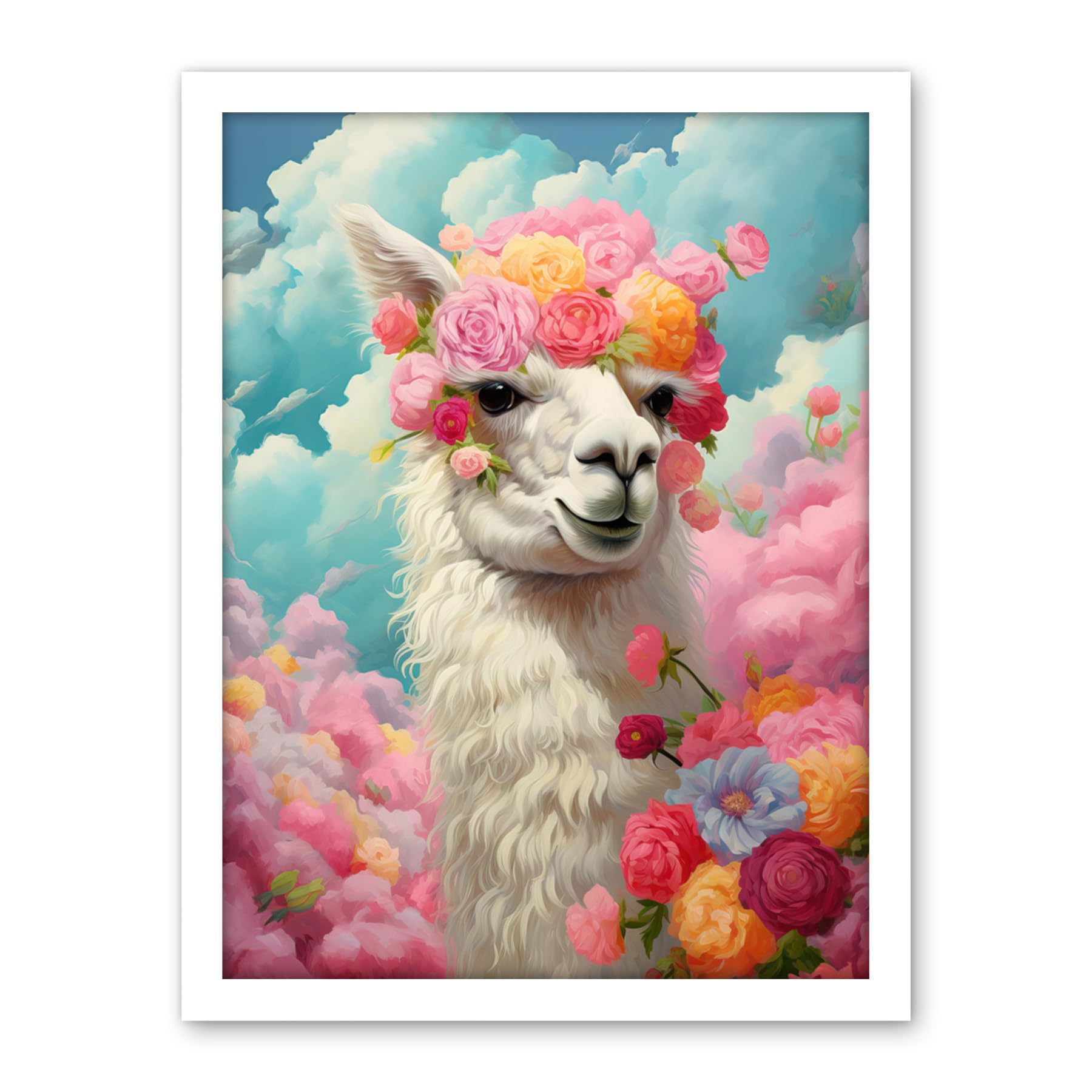 Artery8 Head in the Clouds Conceptual Artwork Fabulous Carefree Llama with Rose Flower Headband Kids Room Artwork Framed Wall Art Print 18X24 Inch