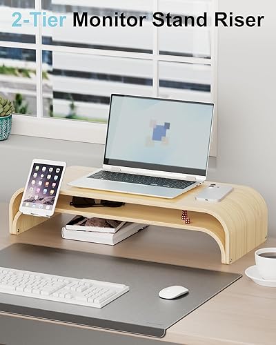Miniatura 3 de Soporte elevador de 2 niveles de madera maciza para monitor doble, organizador de escritorio de 24.1 pulgadas con soporte para teléfono, soporte