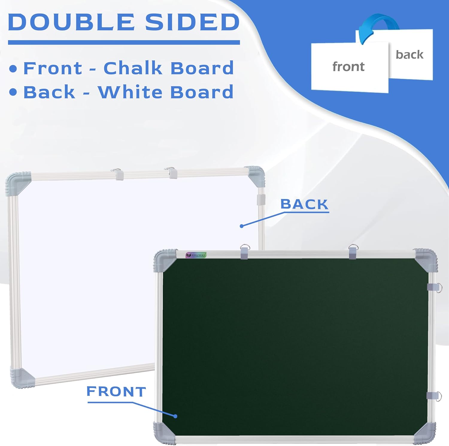 2x3 Ft. Kunj Non-Magnetic Double-Sided Chalk Board & White Board (Combo Pack) with 1 Wooden Duster, 2 Chalk Holders, 10 Non-Dust Chalk Sticks for Kids, School, Teaching, (89x59 Cms) - Green.
