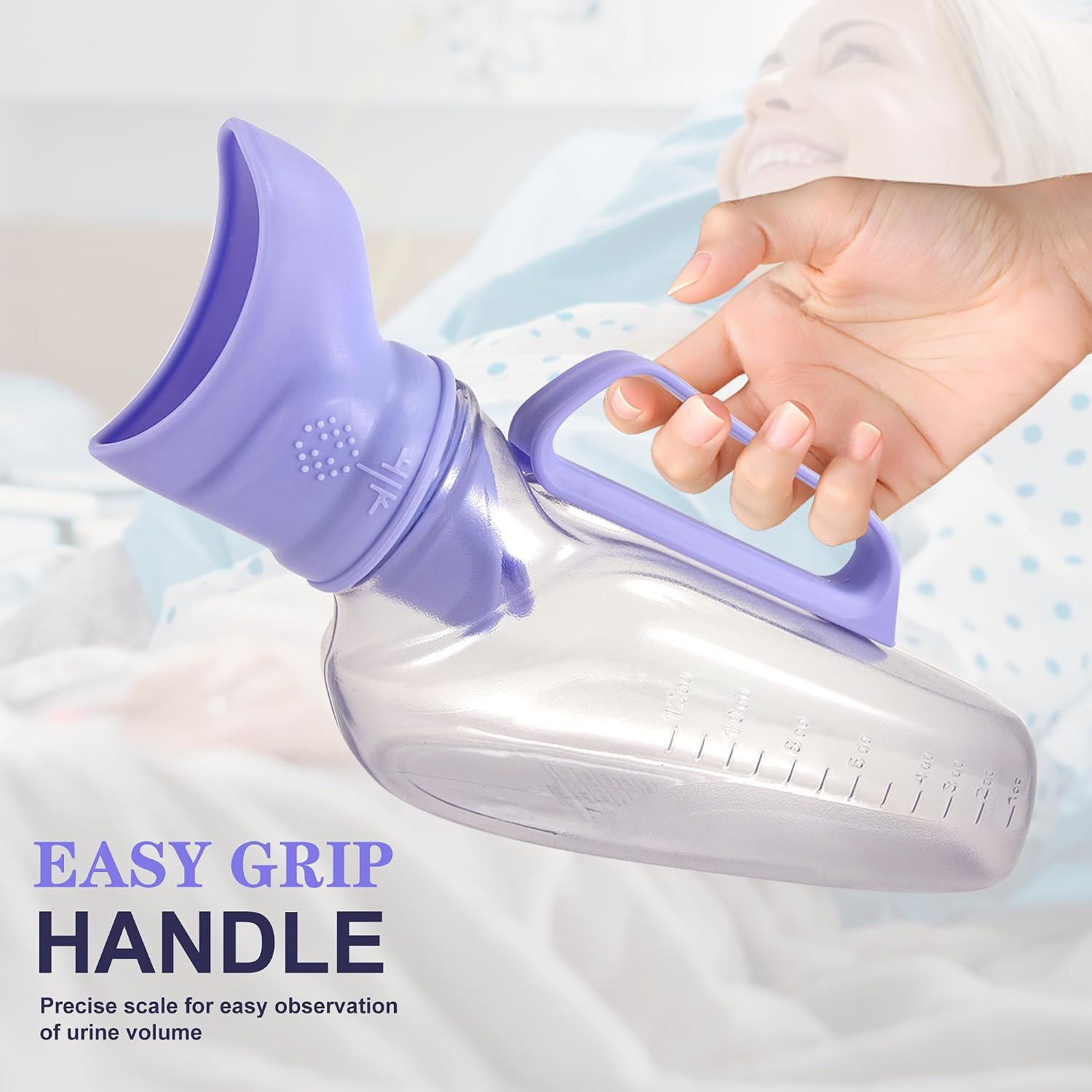 Female Urinal for Women 1200ml – Portable Pee Bottle with Soft Rubber Funnel & Spill-Proof Lid, Bed Pan for Elderly, Patients, Travel, Camping, Bedside Use (Purple)