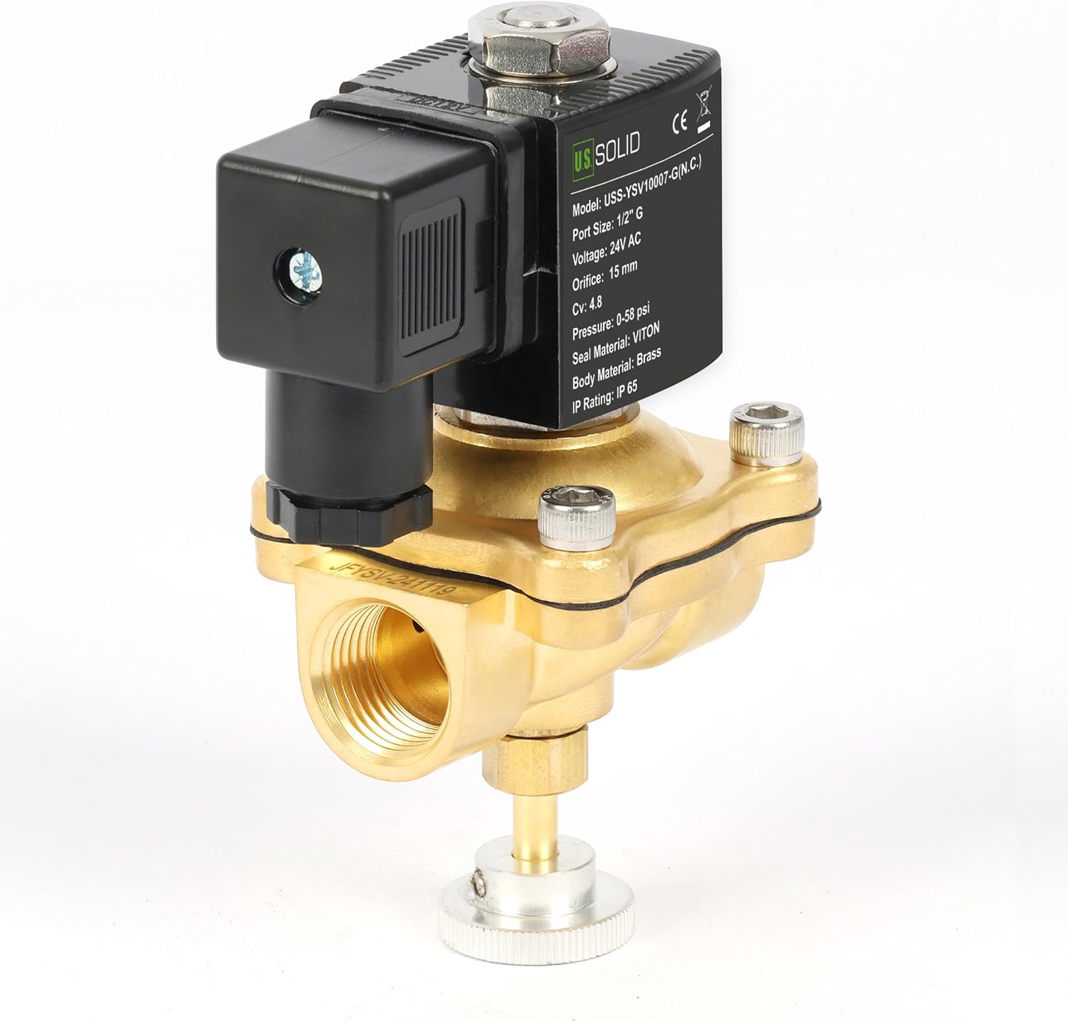 U.S. Solid Brass Electric Solenoid Valve, Manual Override, Normally Closed (1/2", 24V AC)