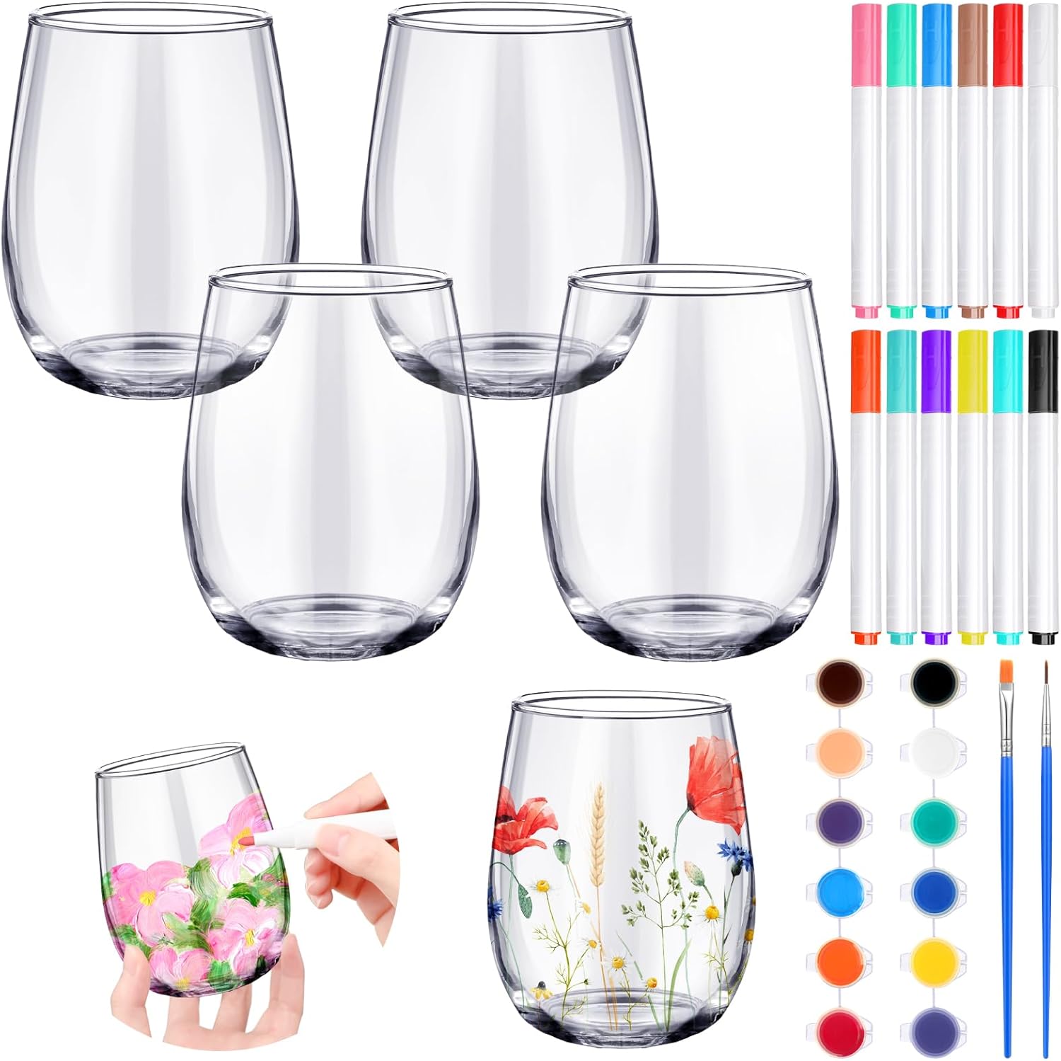 Pickmesh 4 Sets Crafts Gift Paint Your Own Wine Glass 15 oz Painting 12 Pcs DIY Markers 12 Colors Acrylic Paint with Brushes to Design Your Own Personalized Craft(High Feet)