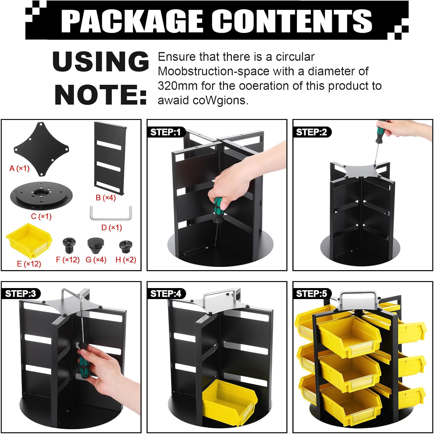 Geelin 12 Bins Rotating Storage Bins Tool Organizer 3 Tiers Hardware Crafts Small Parts, Nuts and Bolts, Revolving Storage for Workshop, Shed, Garage, Home (Yellow)