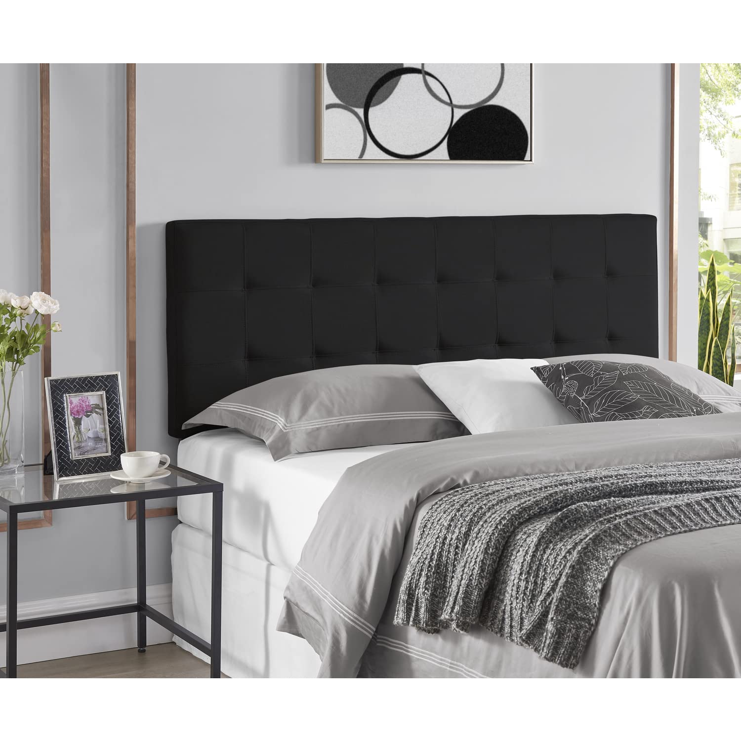 Naomi Home Jessenia Full Size Bed Headboard, Square Tufted, White Linen Fabric, Height Adjustable 42"-52", Metal Legs, Wall/Bed Mount