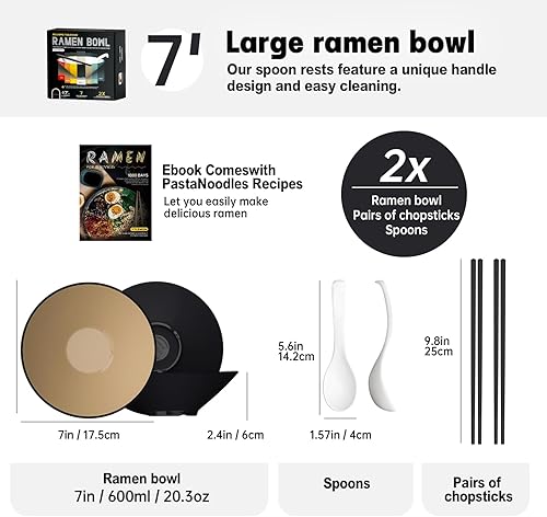 Miniatura 2 de Juego de cuencos de plástico para ramen, 2 juegos de 20 onzas de doble cara a juego con palillos y cucharas para cereales de ensalada, vajilla