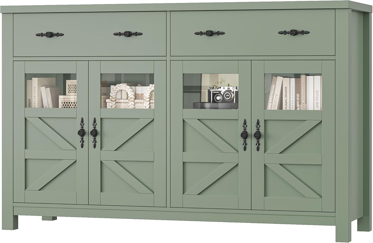FINETONES Sideboard Buffet Cabinet with Storage, 55" Long Buffet Cabinet with 4 Doors & 2 Large Drawers, Modern Sideboard Coffee Bar Console Table for Kitchen, Green