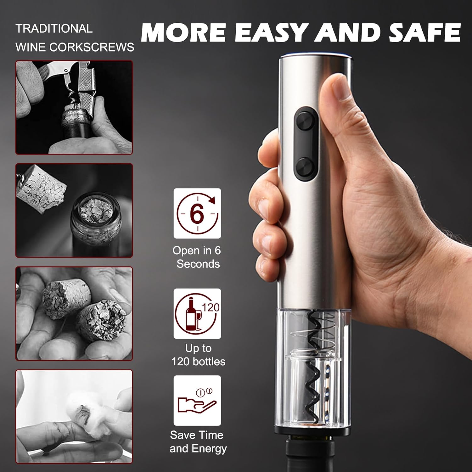 Electric Wine Opener, Battery-Operated Automatic Corkscrew with LED Light & Foil Cutter, Stainless Steel Reusable Wine Bottle Opener for Home, Kitchen, Parties & Gifts for Wine Lovers