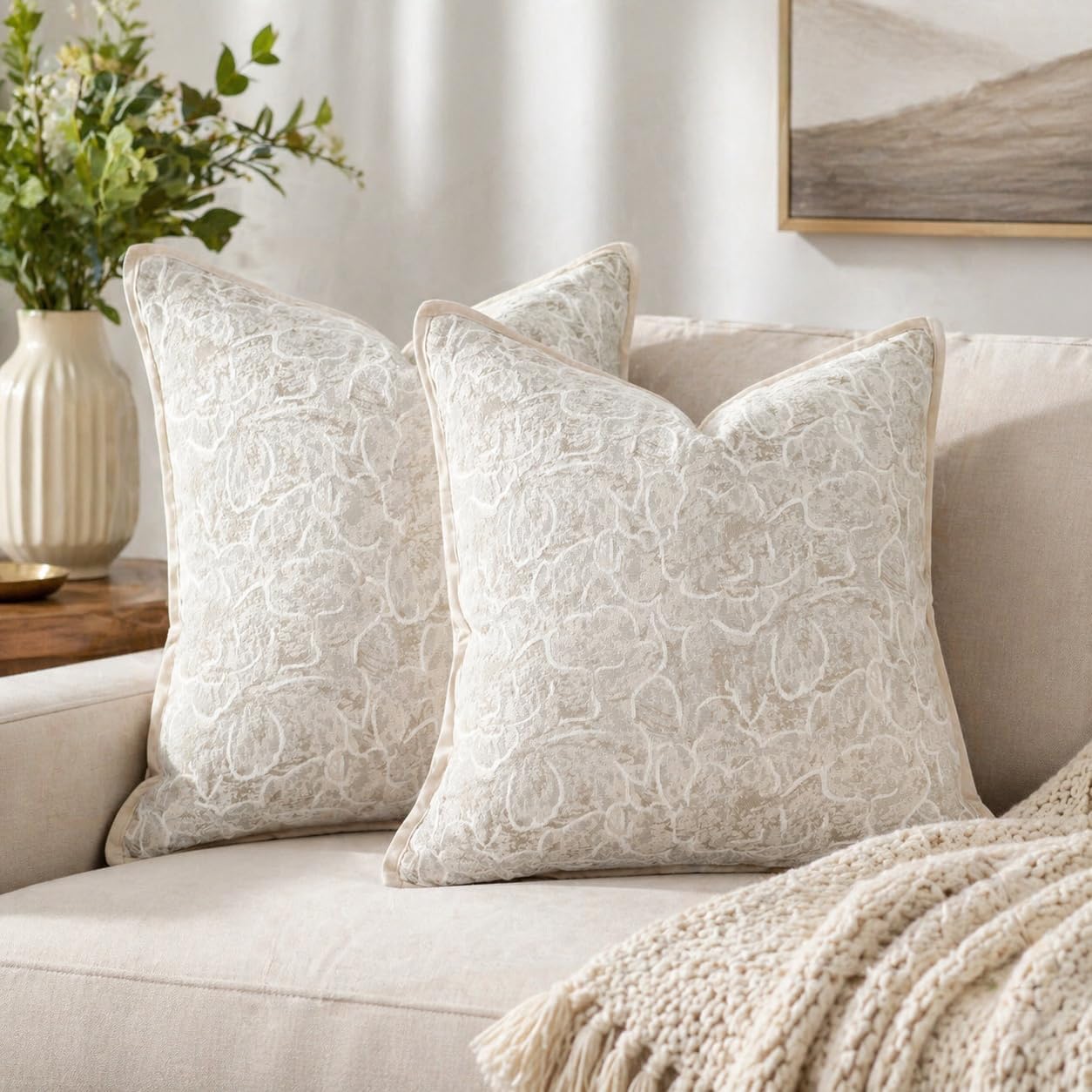2 Pack Beige Yellow Rose Floral Pillow Covers 18x18 Inches Vintage Chenille Throw Pillow Covers with Single Sided Rose Print Soft Farmhouse Decorative Cushion Covers for Couch Sofa Living Room