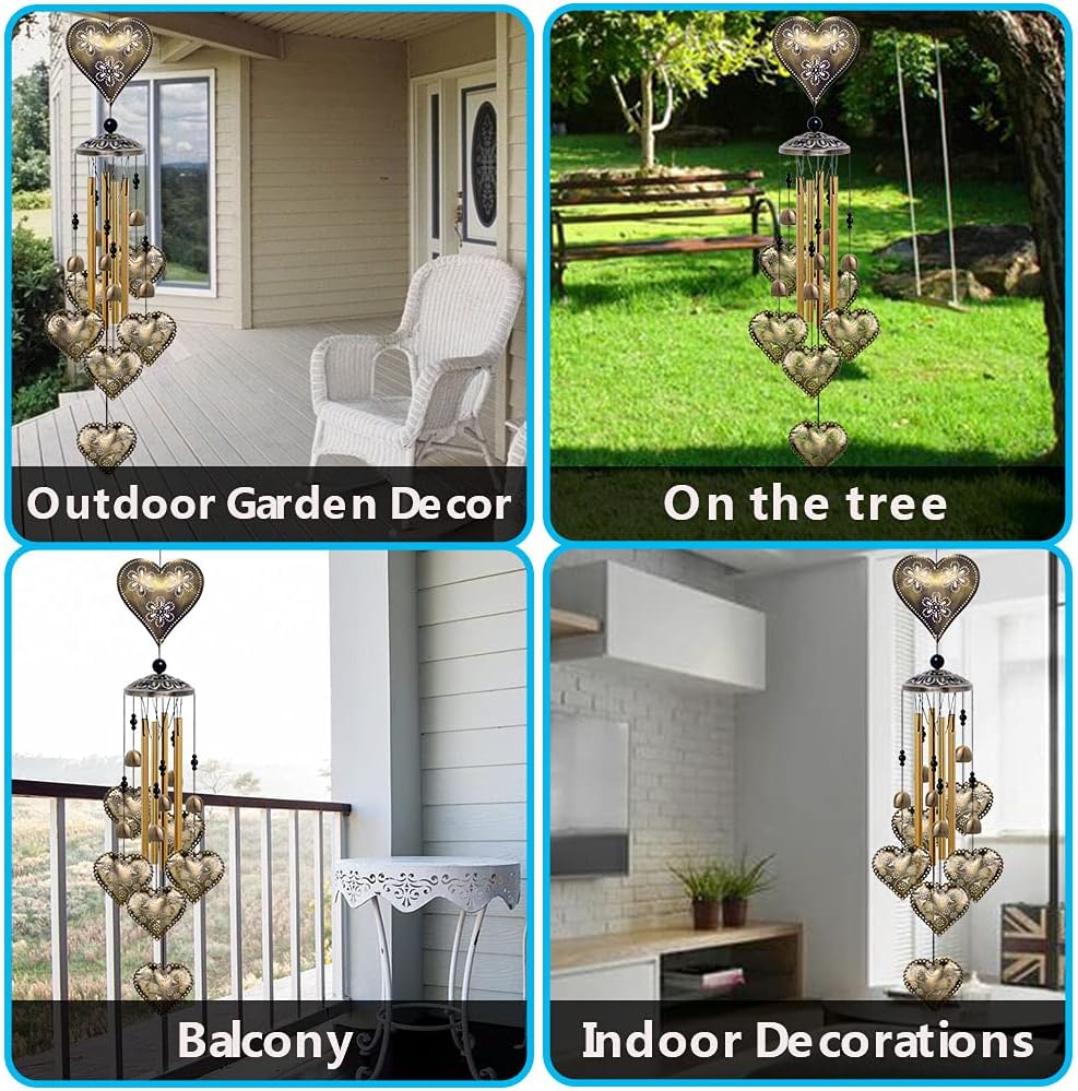 Garden Loving Heart Wind Chimes Outdoor Indoor Decor - with 4 Tubes 6 Bells 7 Hearts Mobile Romantic Wind Catcher, Heart Shaped Windchimes for Home, Mom Gifts, Balcony, Festival, Garden Decoration