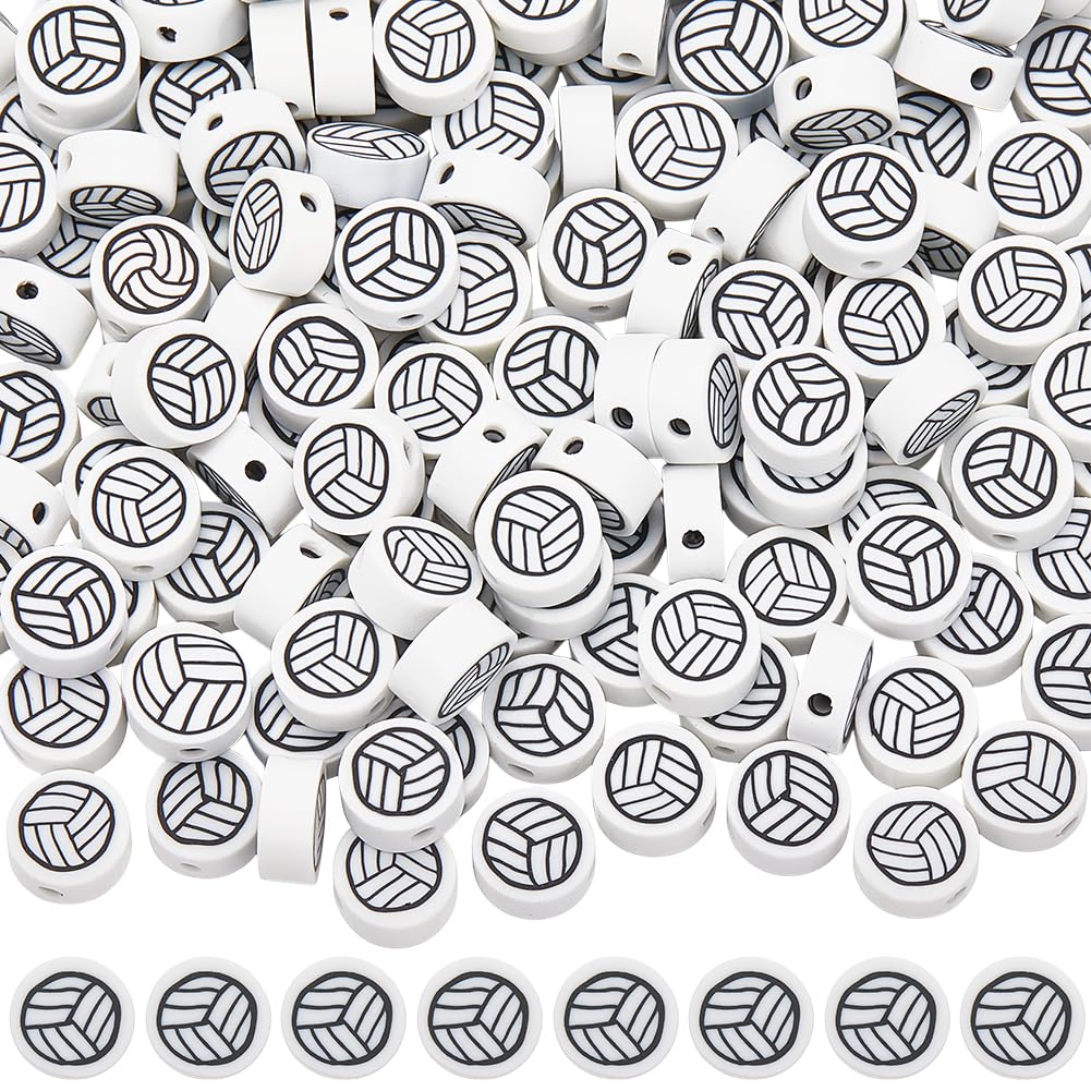 SUNNYCLUE 1 Box 200Pcs Volleyball Beads Polymer Clay Beads 9mm White Soft Sports Themed Ball Flat Round Shaped Loose Soil Spacers for Jewellery Making Supplies DIY Crafting Necklaces Bracelets Women