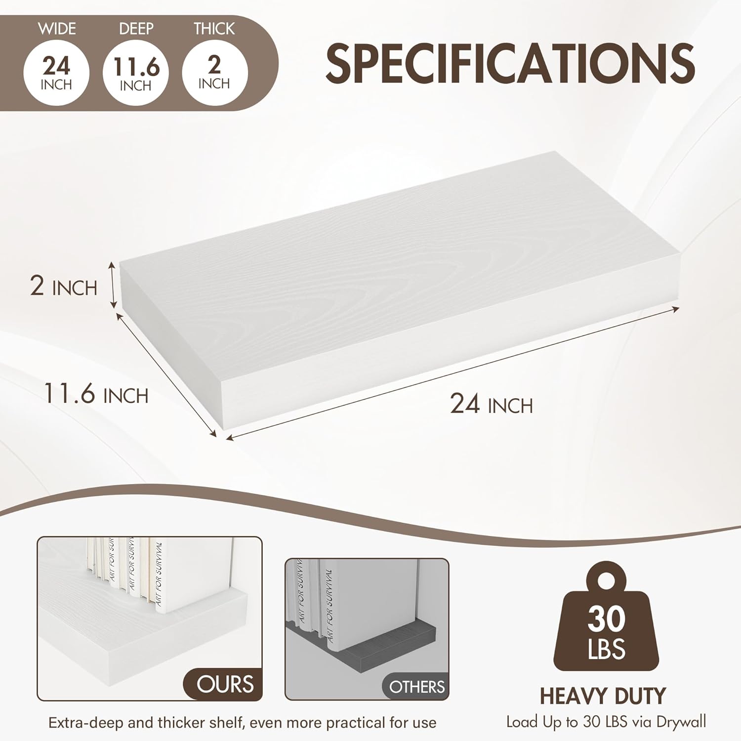 Acovy 24 Inch Floating Shelves, 12" Deep Floating Shelf Wall Mounted, 24" Wall Shelves, Rustic Deep Bookshelf, Extra Deeper & Thicker Display Shelves for Bedroom, Living Room, White, Set of 2