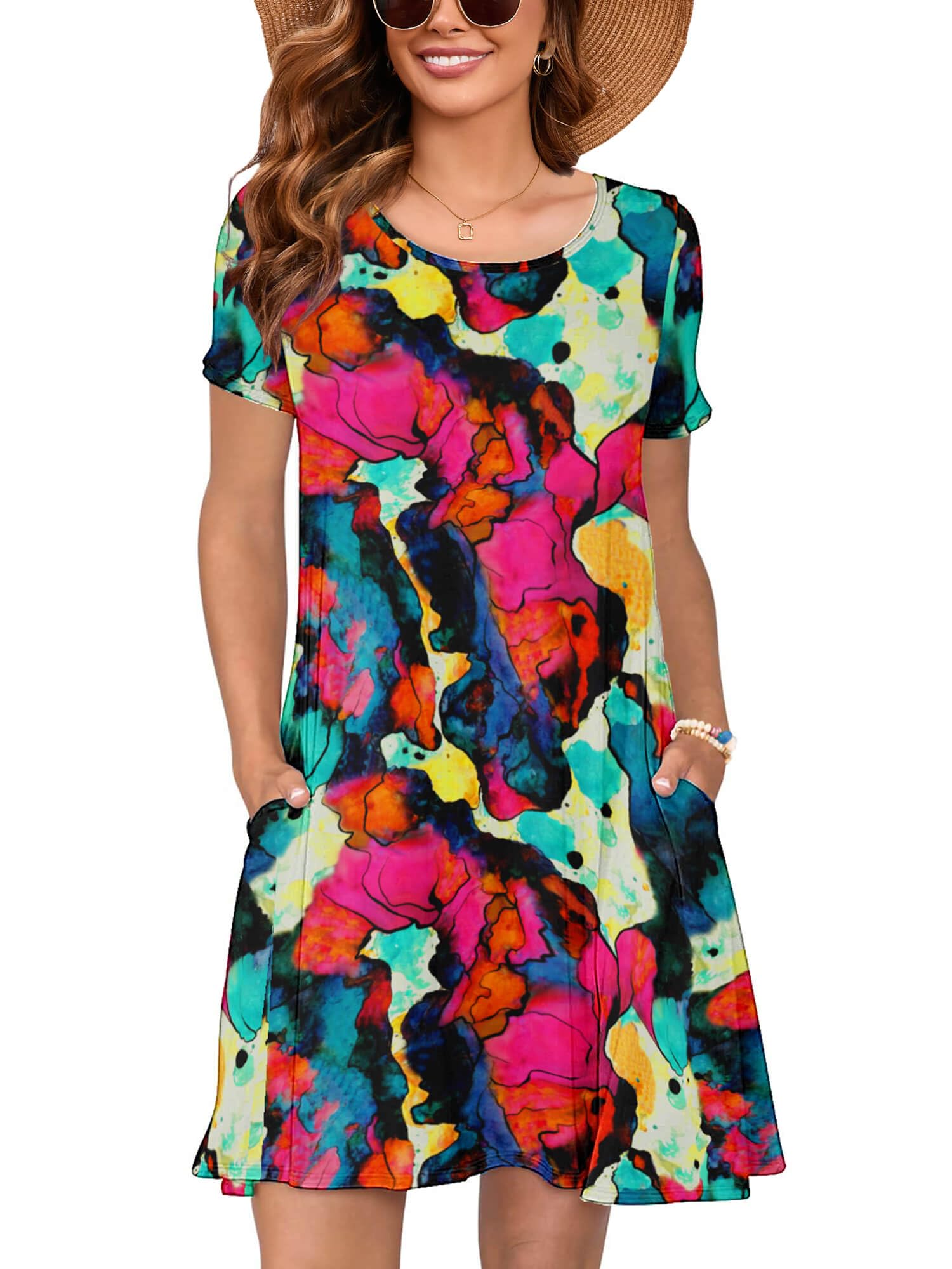 Heymoments Summer Dresses for Women Short Sleeve Crewneck Swing Sundress Casual A-Line Flowy Dress with Pockets S-2XL