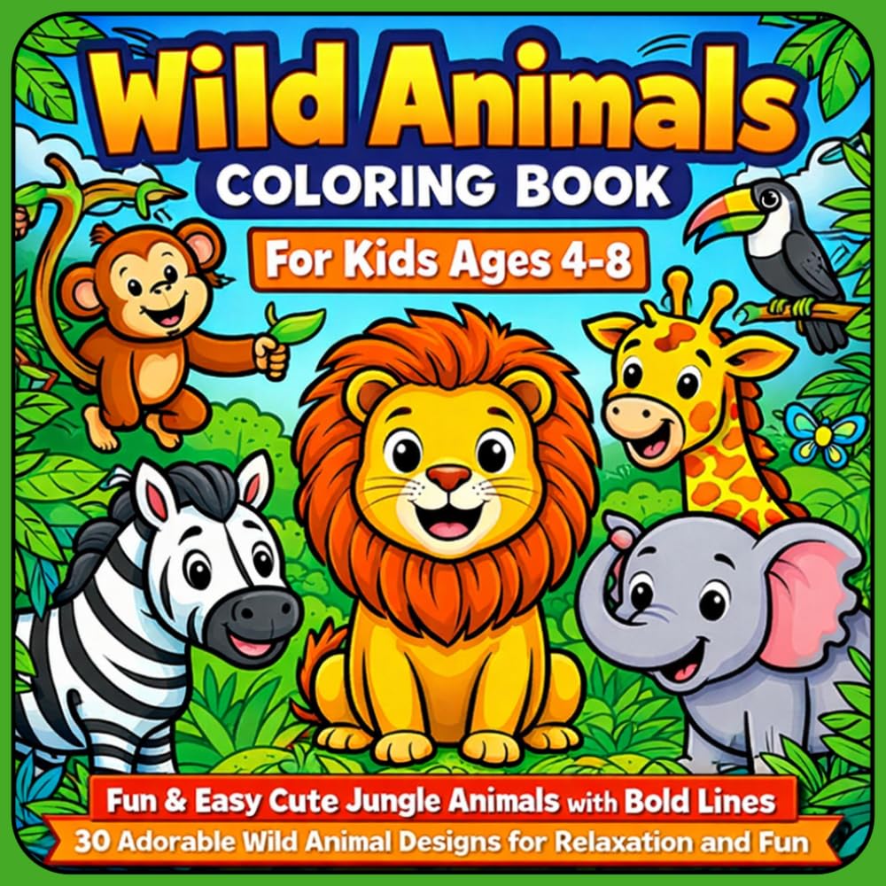 Wild Animals Coloring Book for Kids Ages 4–8 Fun & Easy Cute Jungle Animals with Bold Lines: 30 Adorable Wild Animal Designs for Relaxation and Fun (Cute Animals Coloring Series)