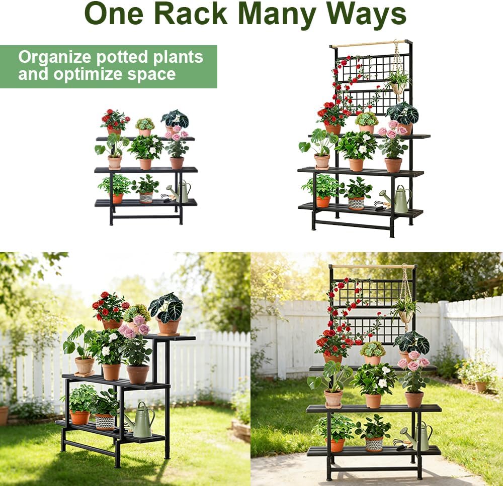 3-Tier Metal Plant Stand with Hanging Shelf – Heavy Duty, Waterproof Indoor & Outdoor Flower Rack for Multiple Pots, Balcony, Garden, Living Room – Black