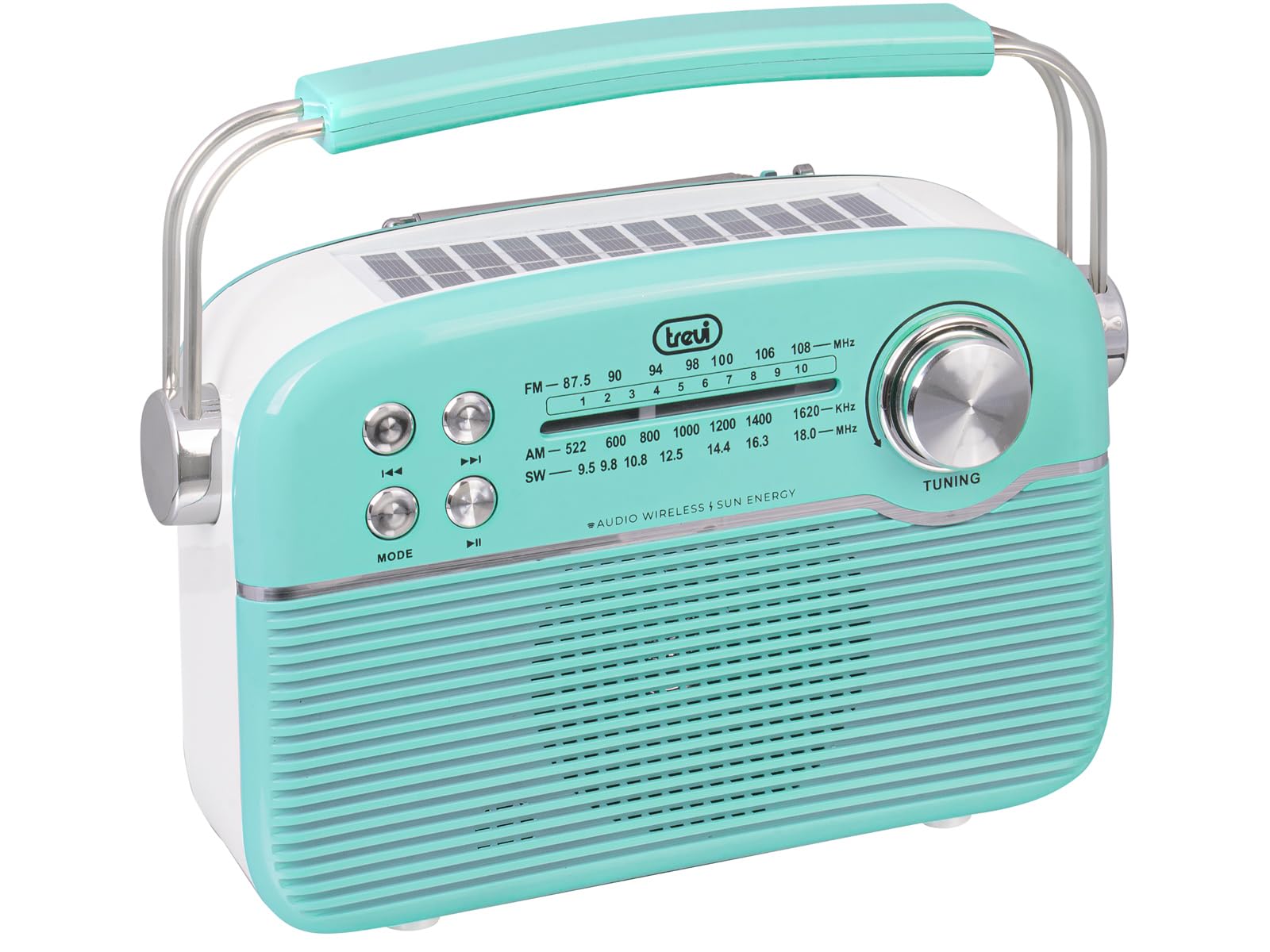 Trevi RA 7F50 BT Radio Portatile Wireless Multibanda FM AM SW con Lettore MP3, USB, Micro SD, Batteria al Litio Ricaricabile e Pannello Solare USB Type-C, Verde