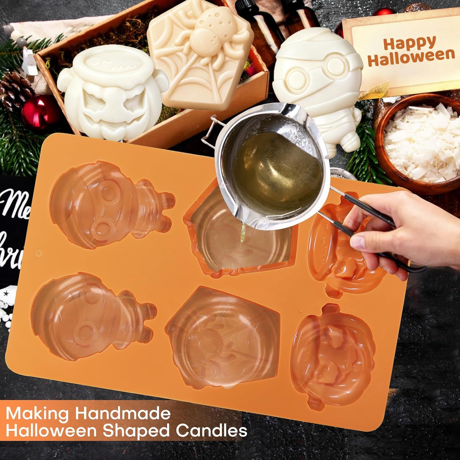 2PCS Halloween Soap Molds – Mummy, Web, Pumpkin, Cauldron Resin Molds