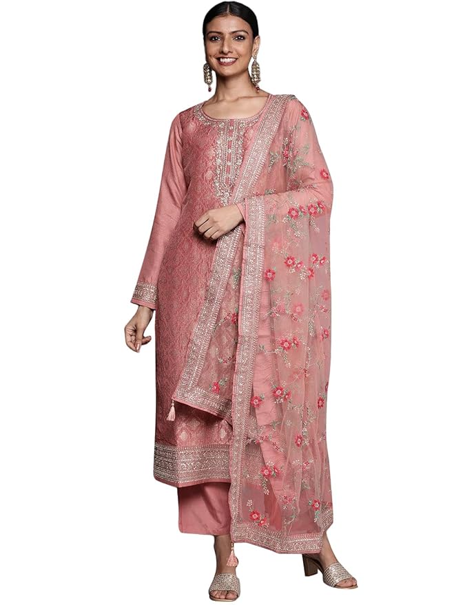 Libas Woven Design Silk Blend Straight Kurta With Trouser and Dupatta