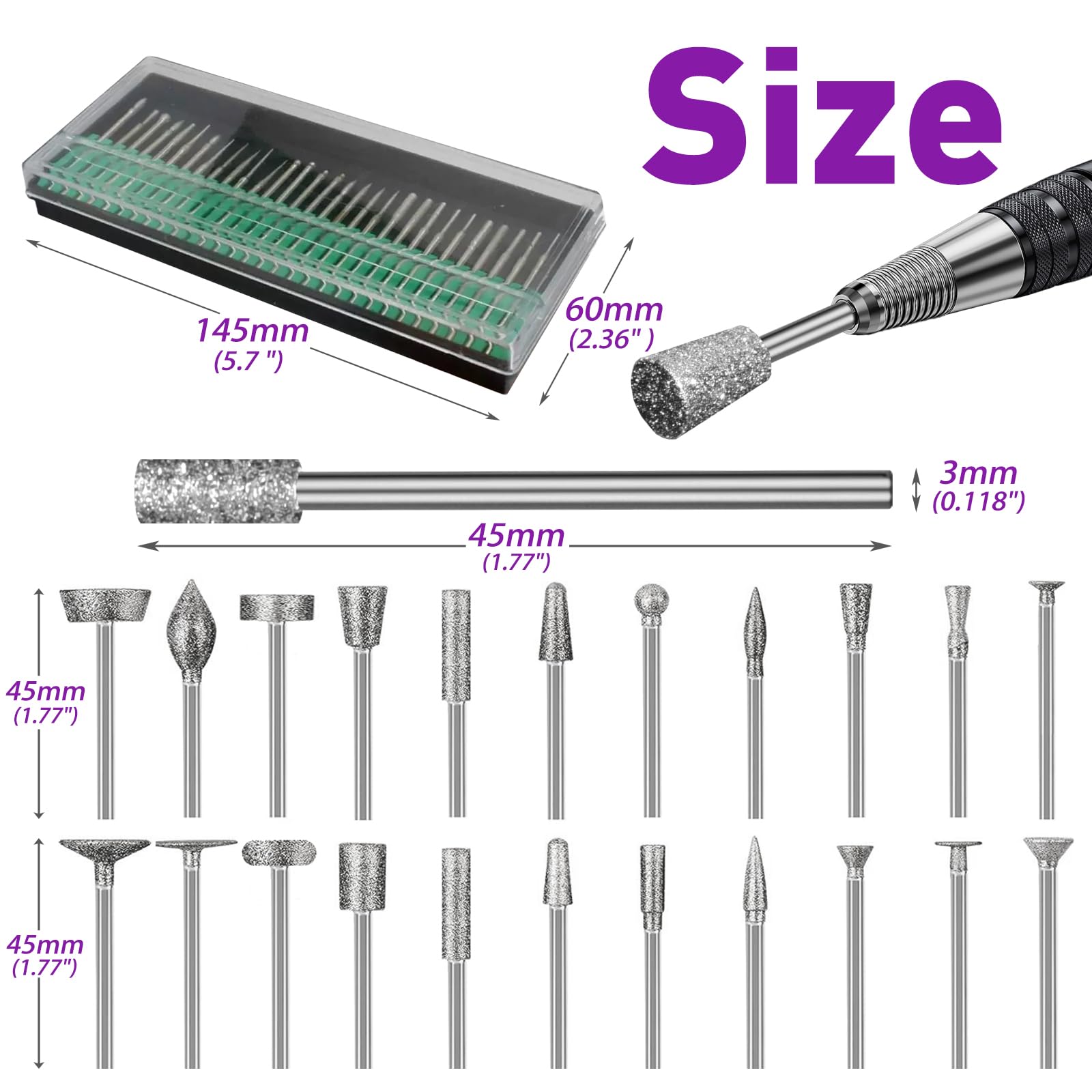 Set de 52 Fraise Diamant, Fraises Rotatives Diamant, Accessoires Rotary Tool avec Tige de 3mm Pour le Verre, Les Pierres Précieuses, Pe Jade, Le Polissage des Détails, La Gravure, Le Perçage de Perles
