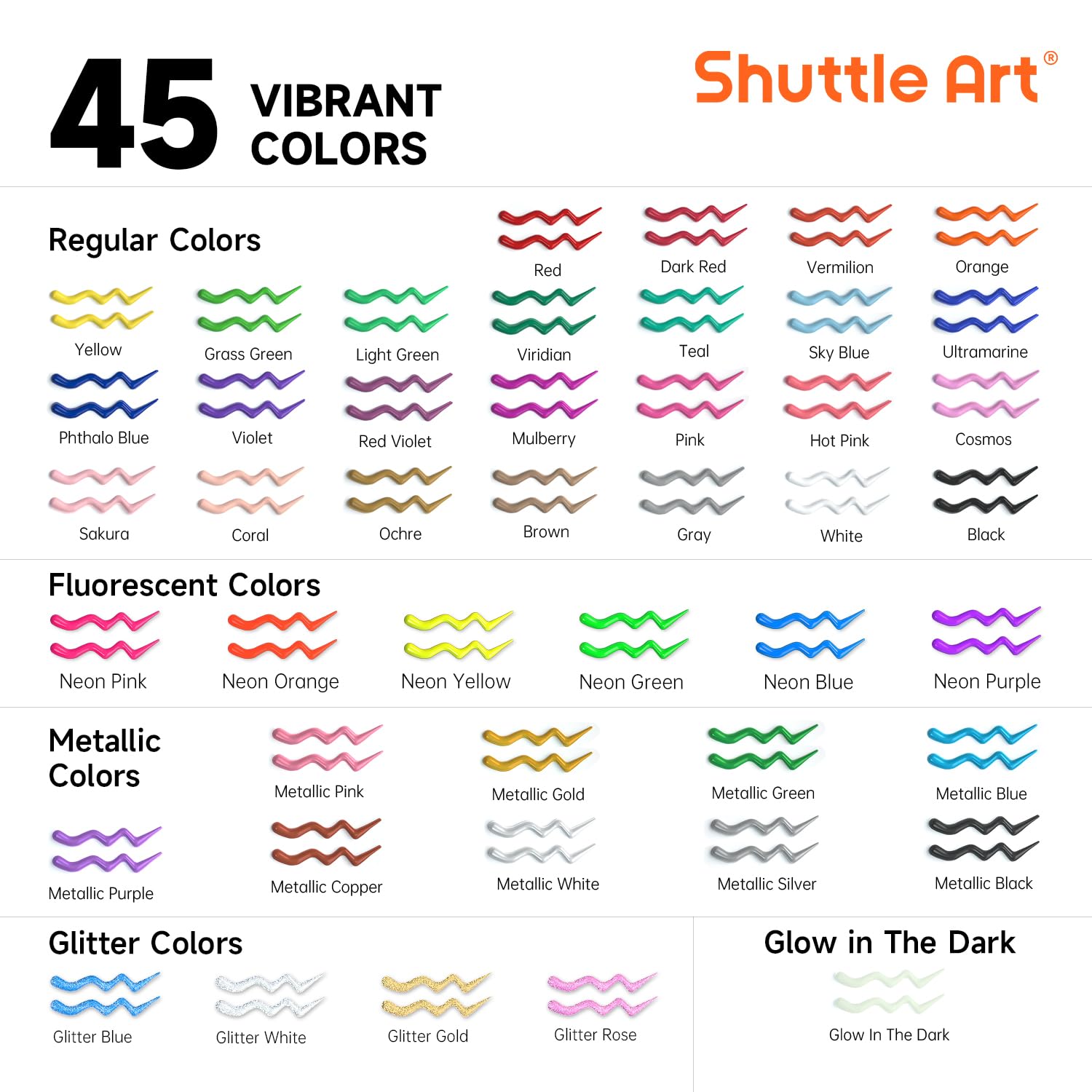 Shuttle Art Fabric Paint Set, 45 Colors 3D Permanent Paint with Brushes Palette Pen Fabric Sheet Stencils, Glow in The Dark, Glitter,Metallic Colors for Textile Fabric T-shirt Jeans Glass - Image 2