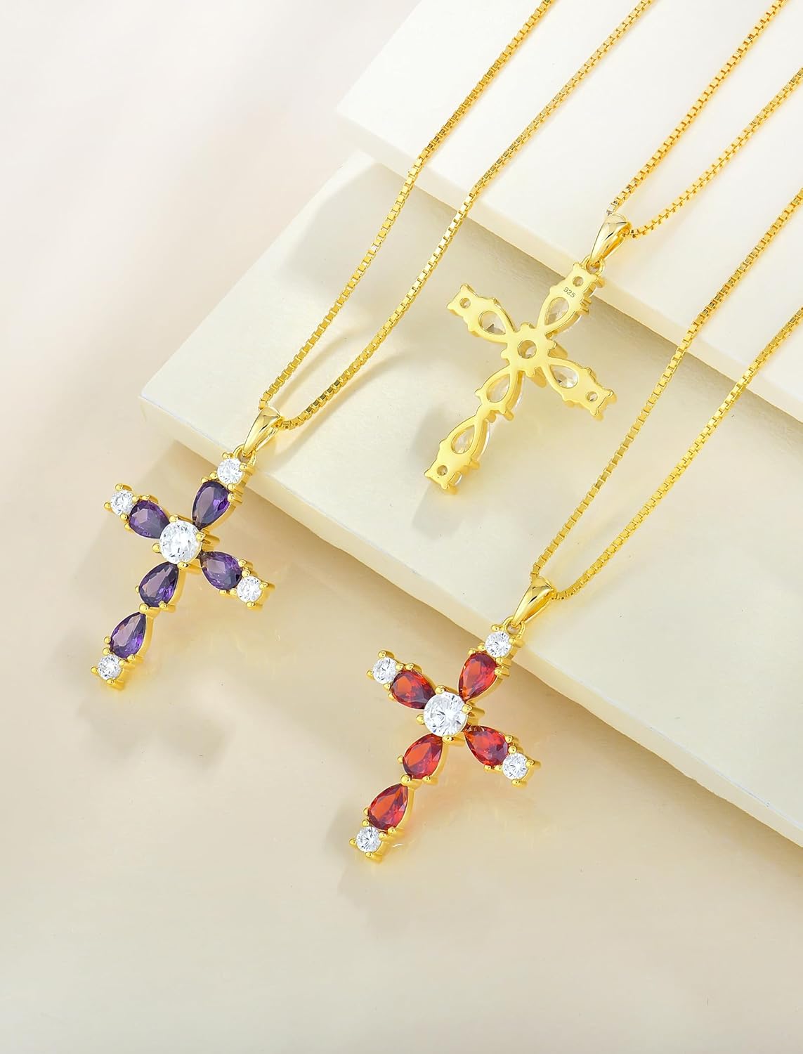 YL Cross Necklace for Women 925 Sterling Silver Halo Gemstone Pendant Birthstone Religious Jewelry for Mom - Image 8