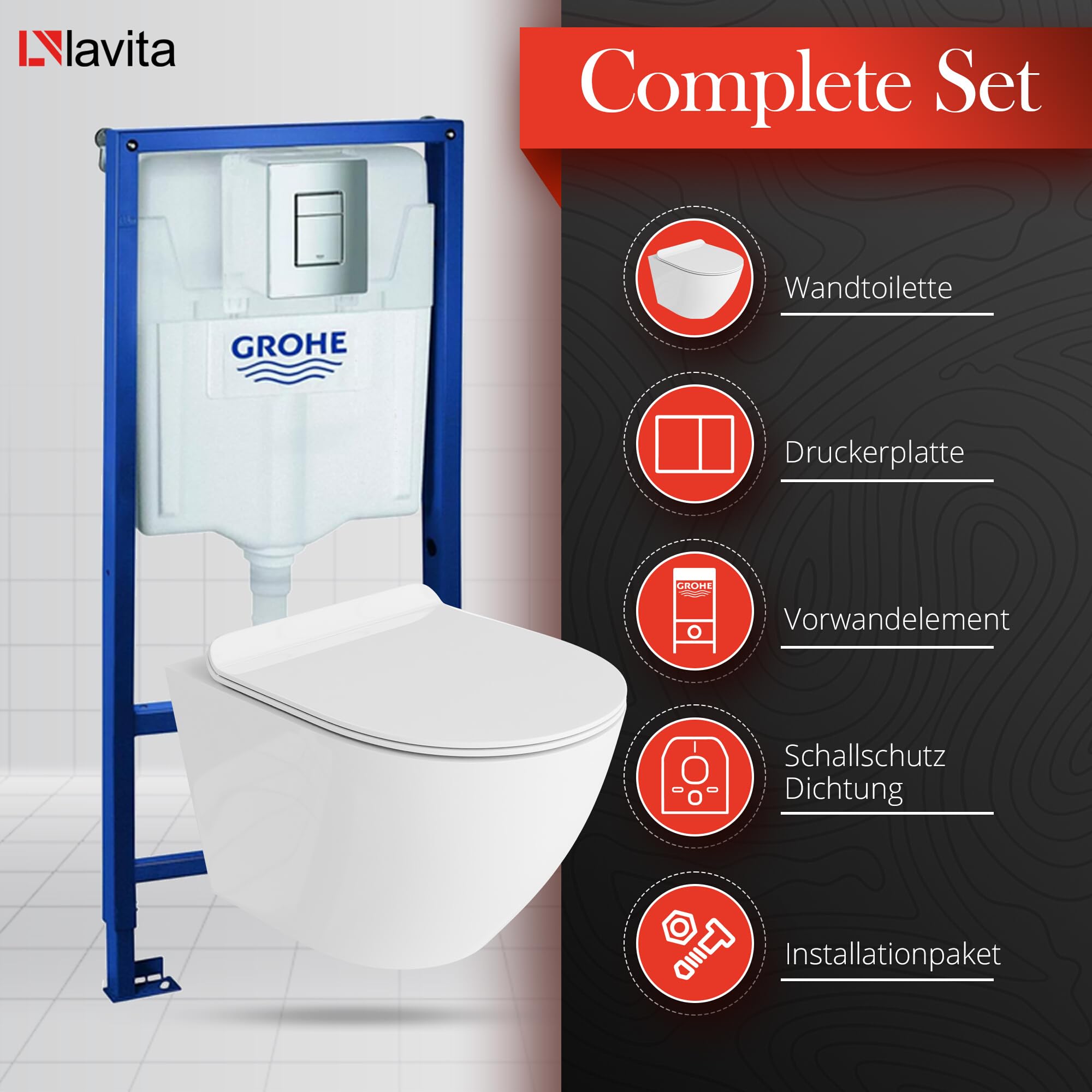 Grohe - Elemento da parete con piastra a leva cromata + lavita WC Sofi senza bordo di risciacquo + sedile WC con sistema di chiusura ammortizzata + set di supporto da parete