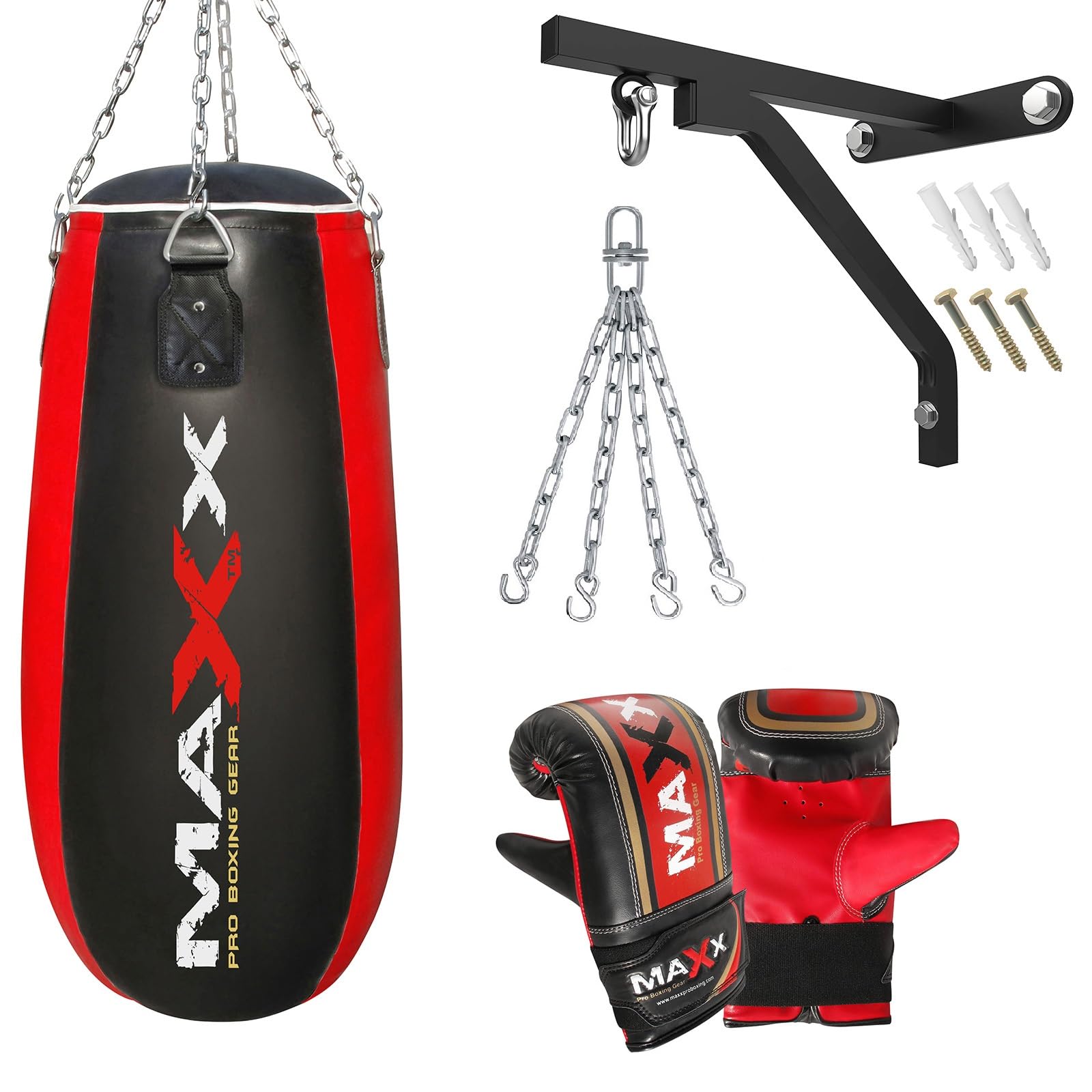 Maxx Black/Red Heavy Duty Punch Bags - Uppercut, Triple, Angle, Wrecking & More (Tear Bag, BAG WITH BRACKET+MITTS)