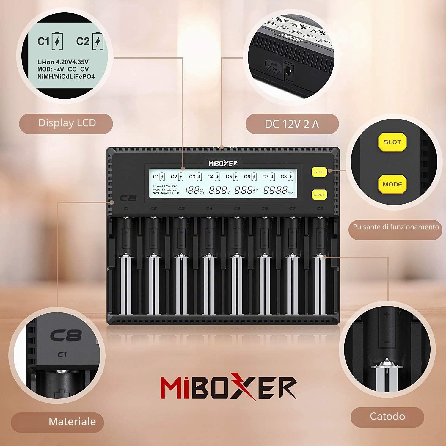 Caricabatteria 18650, Caricabatterie MiBOXER 8 Baie con Display LCD Automatico, Ricarica Rapida LiFePO4 Ni-MH Ni-CD AA AAA C 21700 26650 13650 16340 18350 18700 RCR123