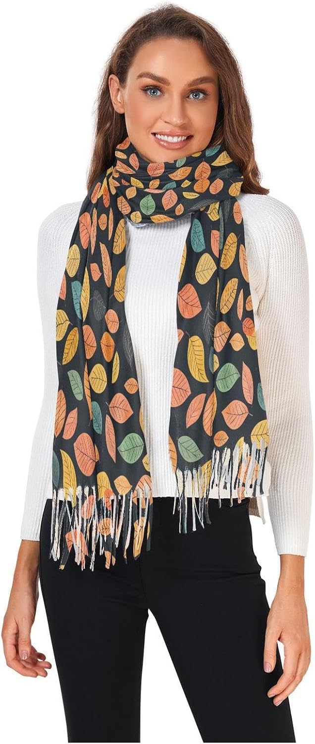 Winter Scarf for Women Autumn Fallen Leaves Fashion Tassel Shawl Wraps for Women, Cold Weather Warm Womens Scarves Soft Long Scarf Gifts