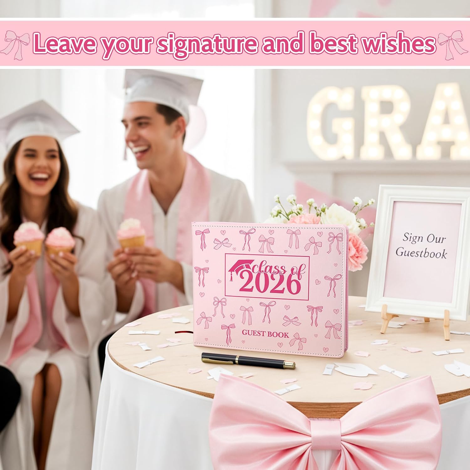 Patelai Pink Bow Graduation Guest Book Class of 2026 Party Decorations Leather Graduation Guest Signature Party Sign Gift with Pen, 112 Pages (Congrats Grad)