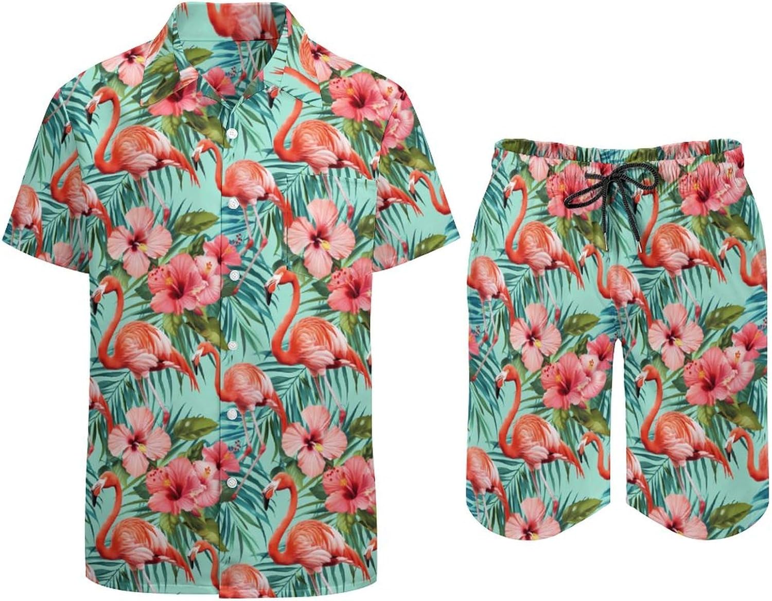 Tropical Flamingos Hibiscus Flowers Men's Summer Beach Outfits Shirt And Shorts Set 2 Piece Vacation Swimwear