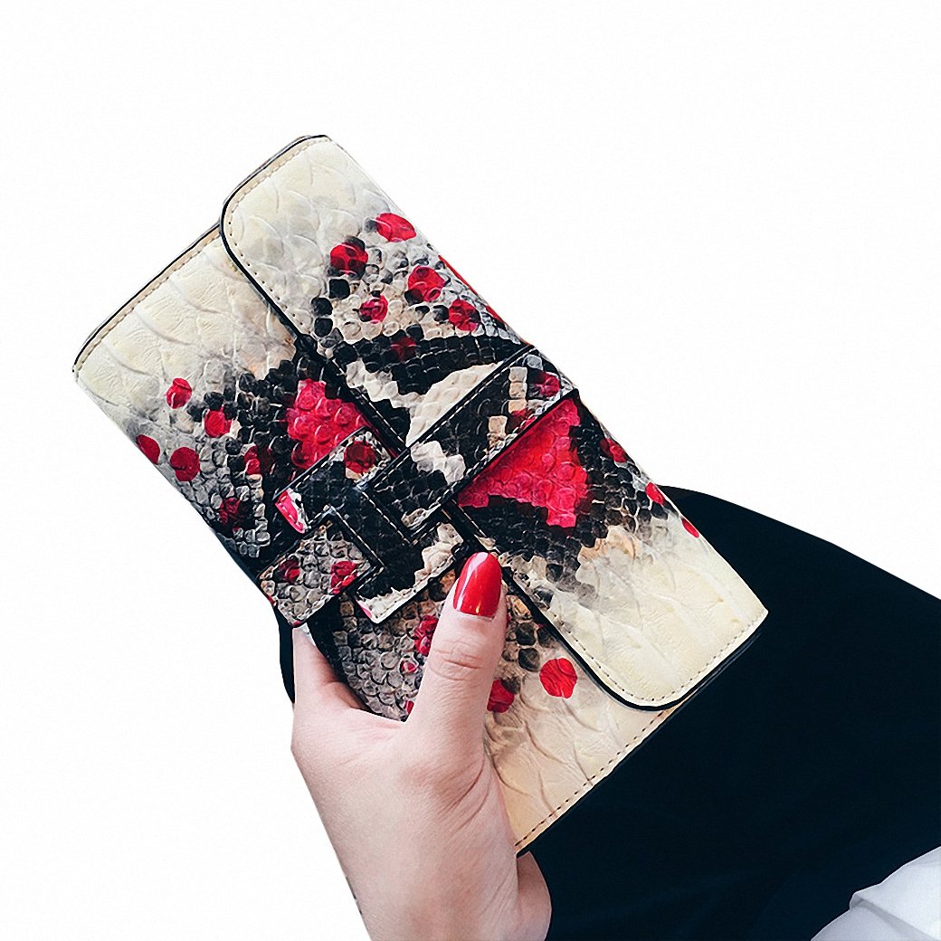 Women's Genuine Leather Color Paint Snake Skin Luxury Long Clutch Wallet Smartphones Card Holder Travel Ladies Purse Party Prom Handbag