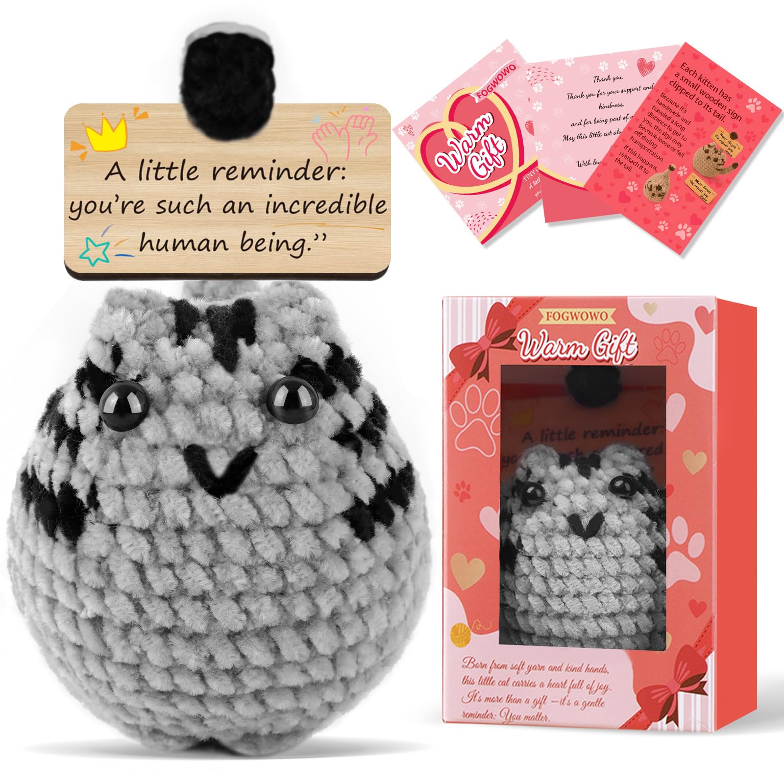 FOGWOWO Cute Positive Crochet Cat Emotional Support Cat Inspirational Gifts for Cat Lovers Women Mom Sisters Friends,Handmade Positive Crochet Animals with Gift Box for Christmas Birthday (Grey)