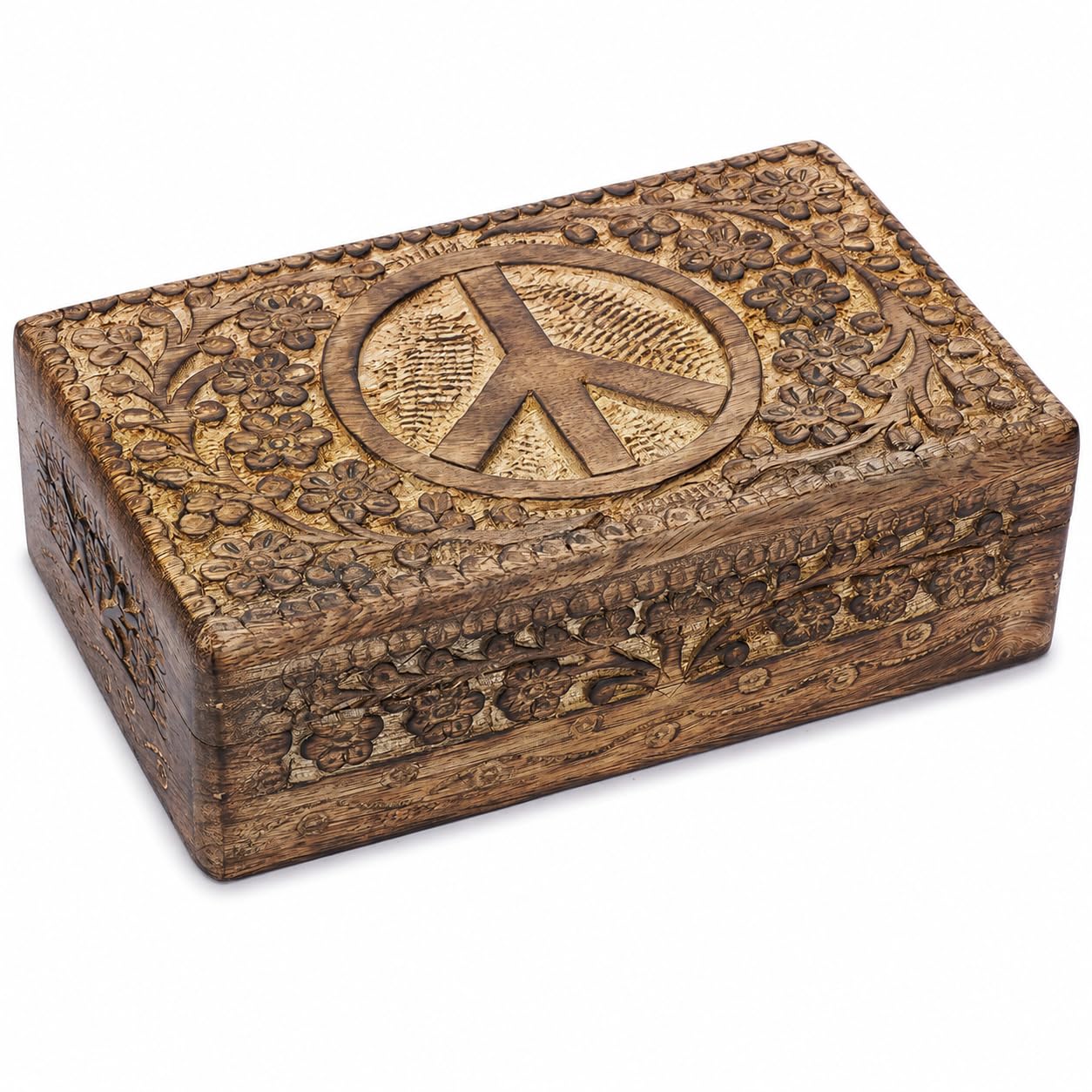 Ajuny Women's White Brown Mango Wood Keepsake Box 8 X 5 Inch Peace Carved Jewellery Box