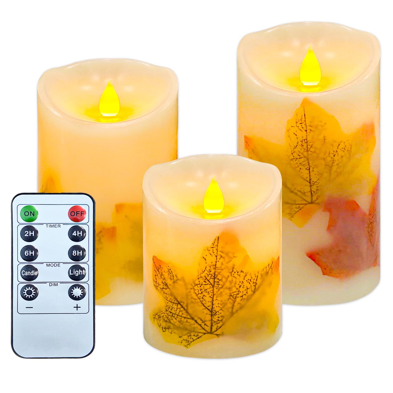 Flameless Candle Lights, 3 Pcs Flickering Flameless Maple Leaf Candle Lights with Remote & Timer, Battery Operated LED Candle Lights for Halloween Christmas Wedding (Maple Leaf)