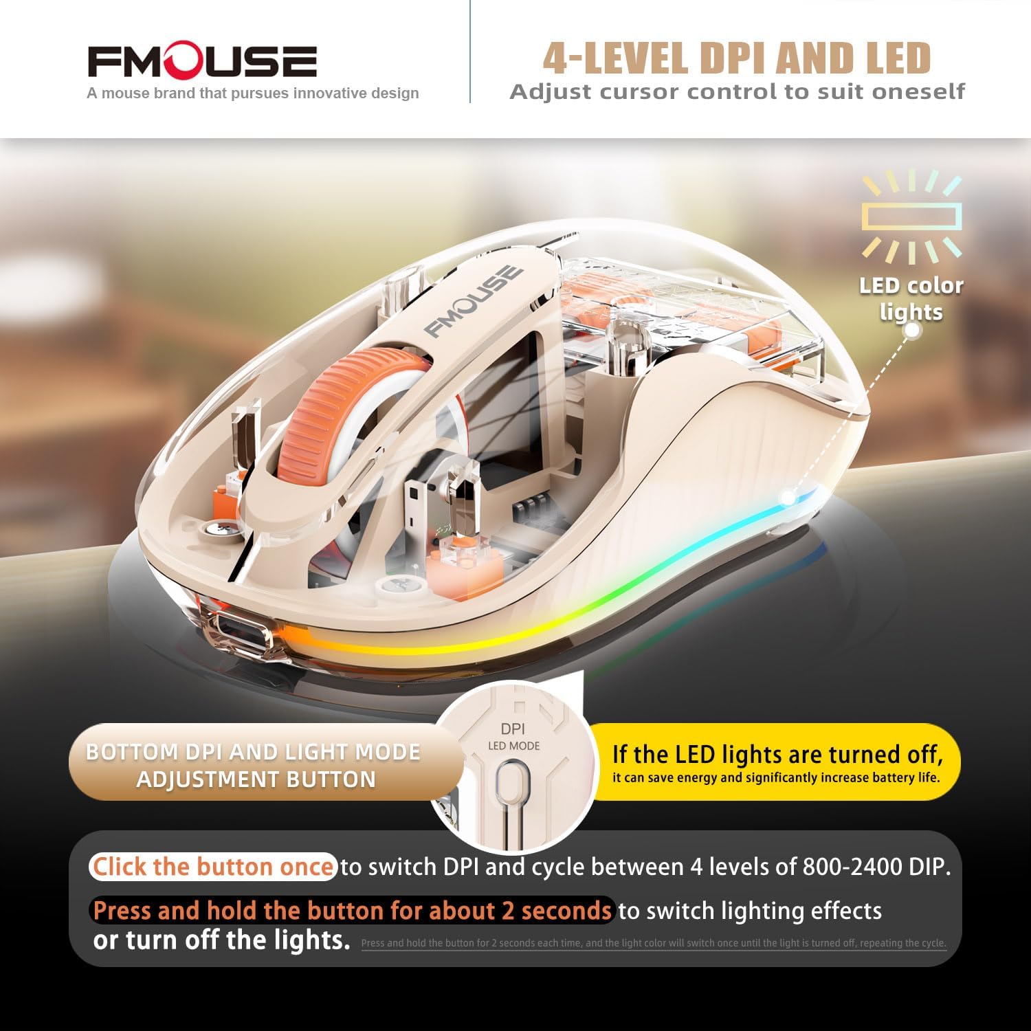 ด้านล่าง view ภาพแสดงเมาส์ไร้สายแบบโปร่งใส FMOUSE พร้อมสวิตช์เปิด/ปิด ปุ่มปรับ DPI/โหมด LED และสวิตช์สามโหมด